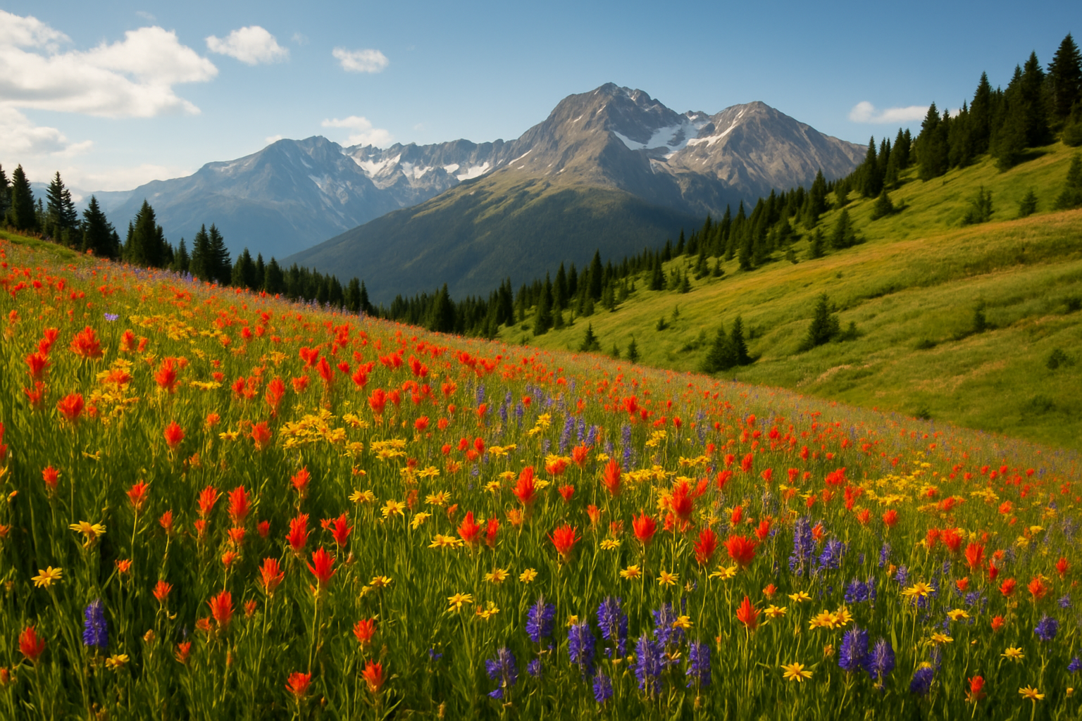 A vibrant meadow filled with colorful wildflowers, backed by green hills, dense trees, and snow-capped mountains under a partly cloudy sky.