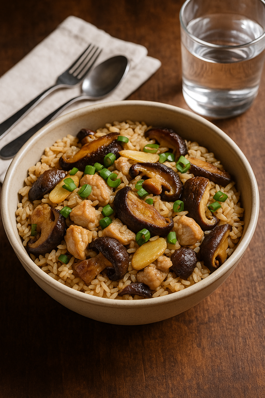 Bowl of cooked rice with sliced mushrooms, chicken pieces, and chopped green onions, on a wooden table with a glass of water, fork, and spoon in the background.