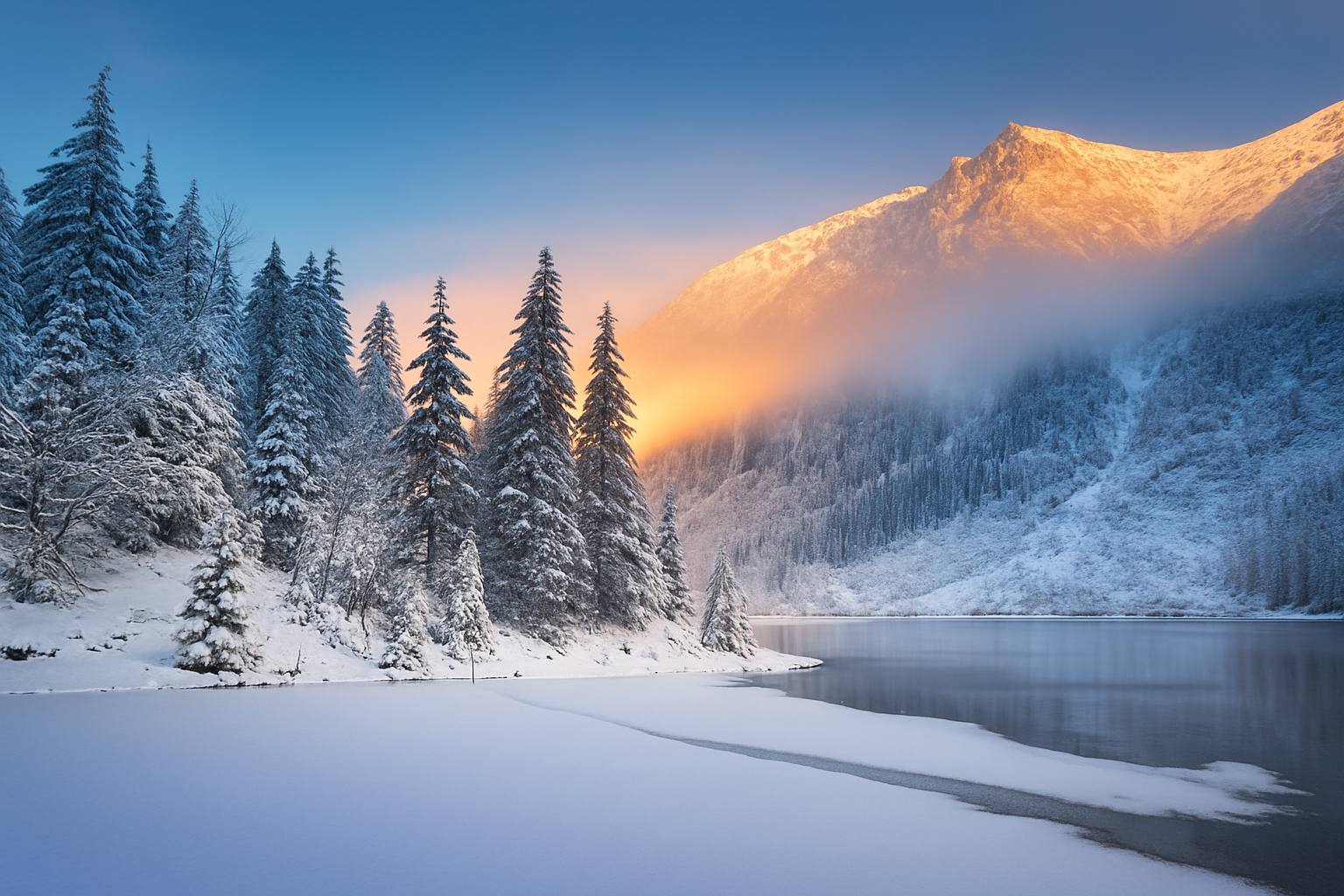 Snow-covered trees along a frozen lake with mountains in the background during dawn or dusk.