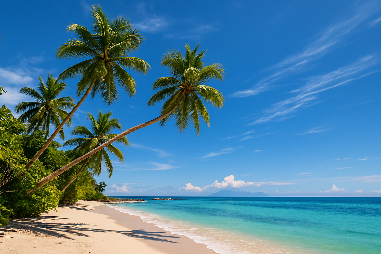 Tropical beach with white sand, tall palm trees leaning toward the ocean, turquoise water, and a partly cloudy blue sky.