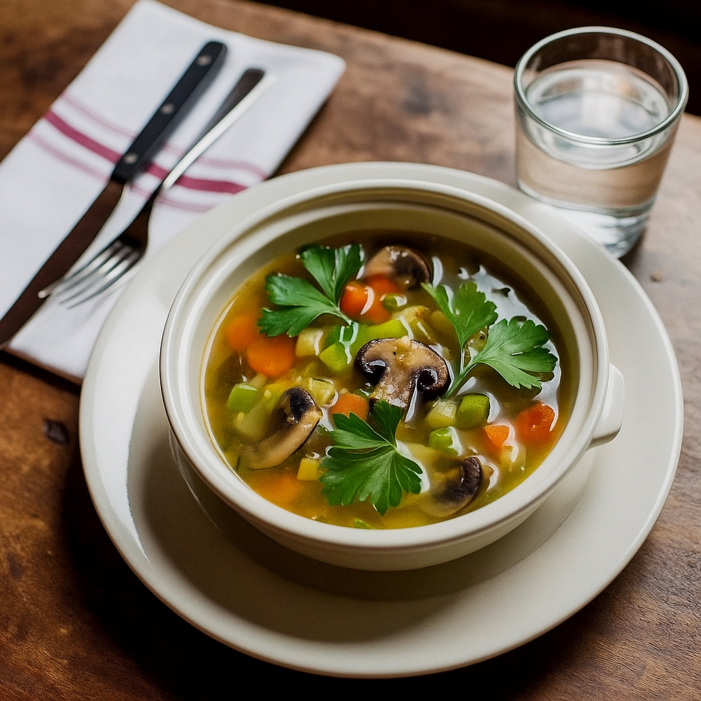 A bowl of vegetable soup containing carrots, celery, mushrooms, and green herbs, served on a white plate next to a glass of water and silverware on a wooden table.