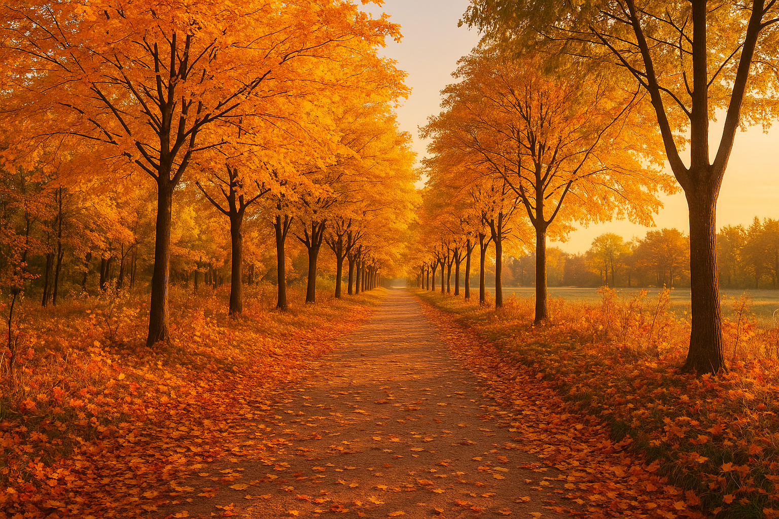 A dirt path lined with tall trees with orange and yellow fall leaves, extending into the distance in a peaceful autumn scene.