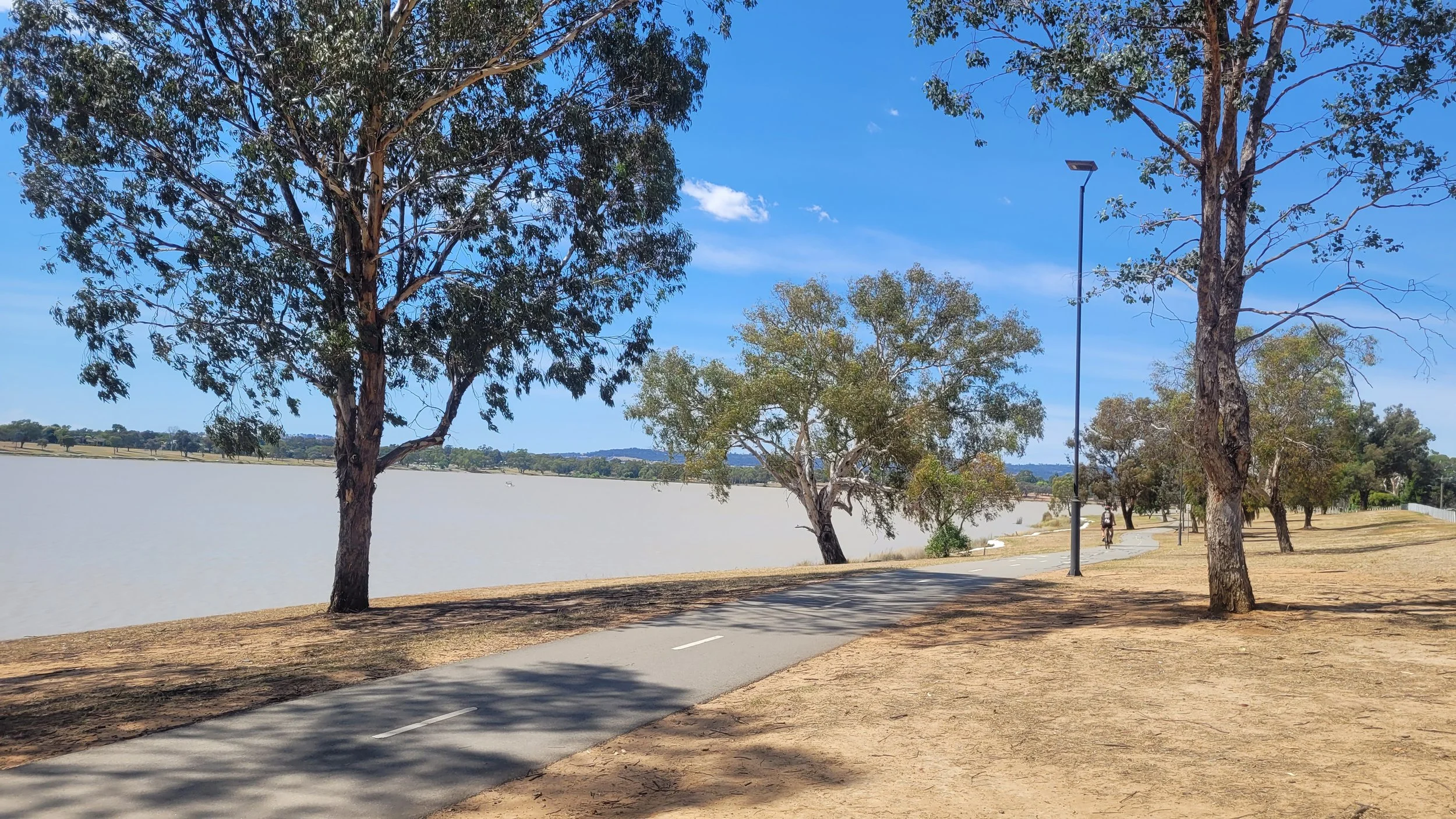 Park pathway beside a lake with trees and a person walking or biking in the distance, under a blue sky.