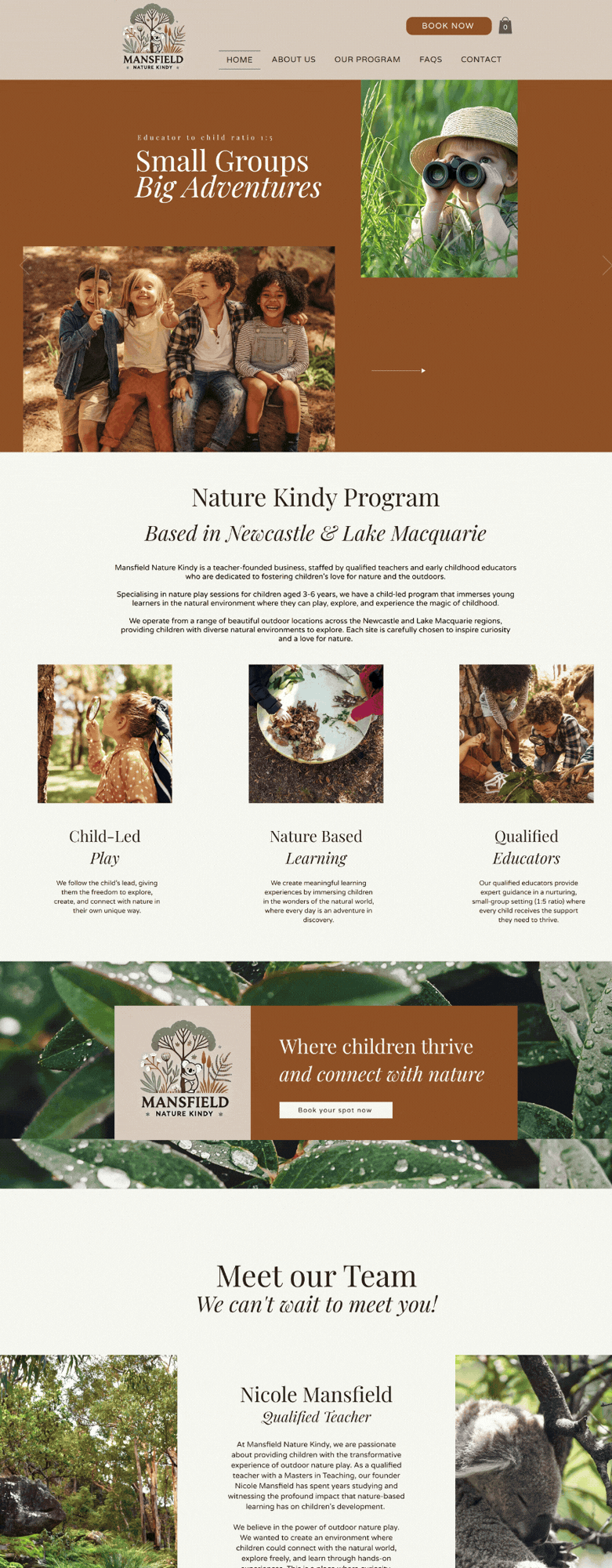 A website for Mansfield Nature Kindy promoting small group outdoor nature activities for children based in Newcastle and Lake Macquarie, with images of children exploring nature, using binoculars and magnifying glasses, and a lush green background.