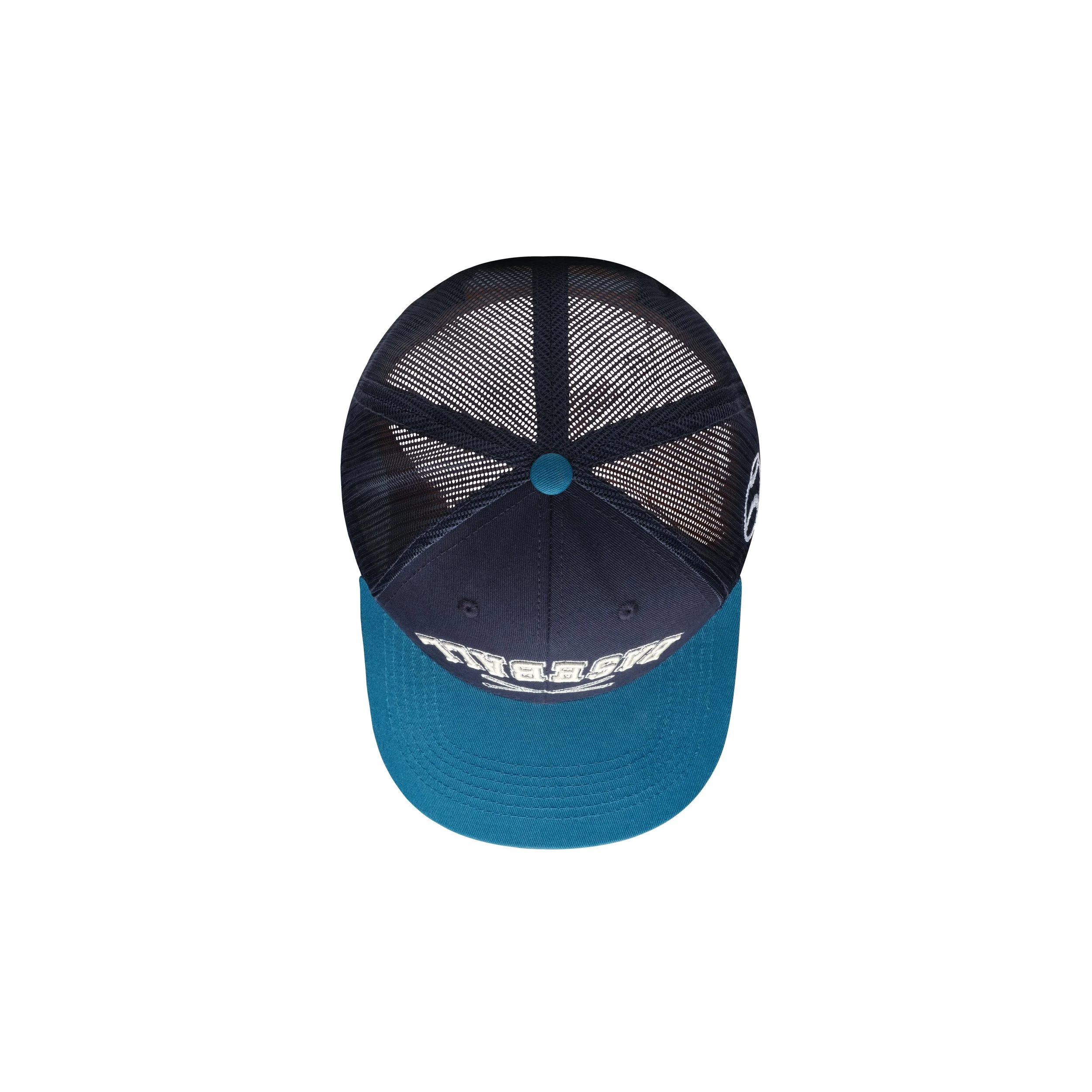 Frontplay_Baseball Cap Low Mesh_Top View_Navy (front panel + mesh), DK Teal SL#51.jpg