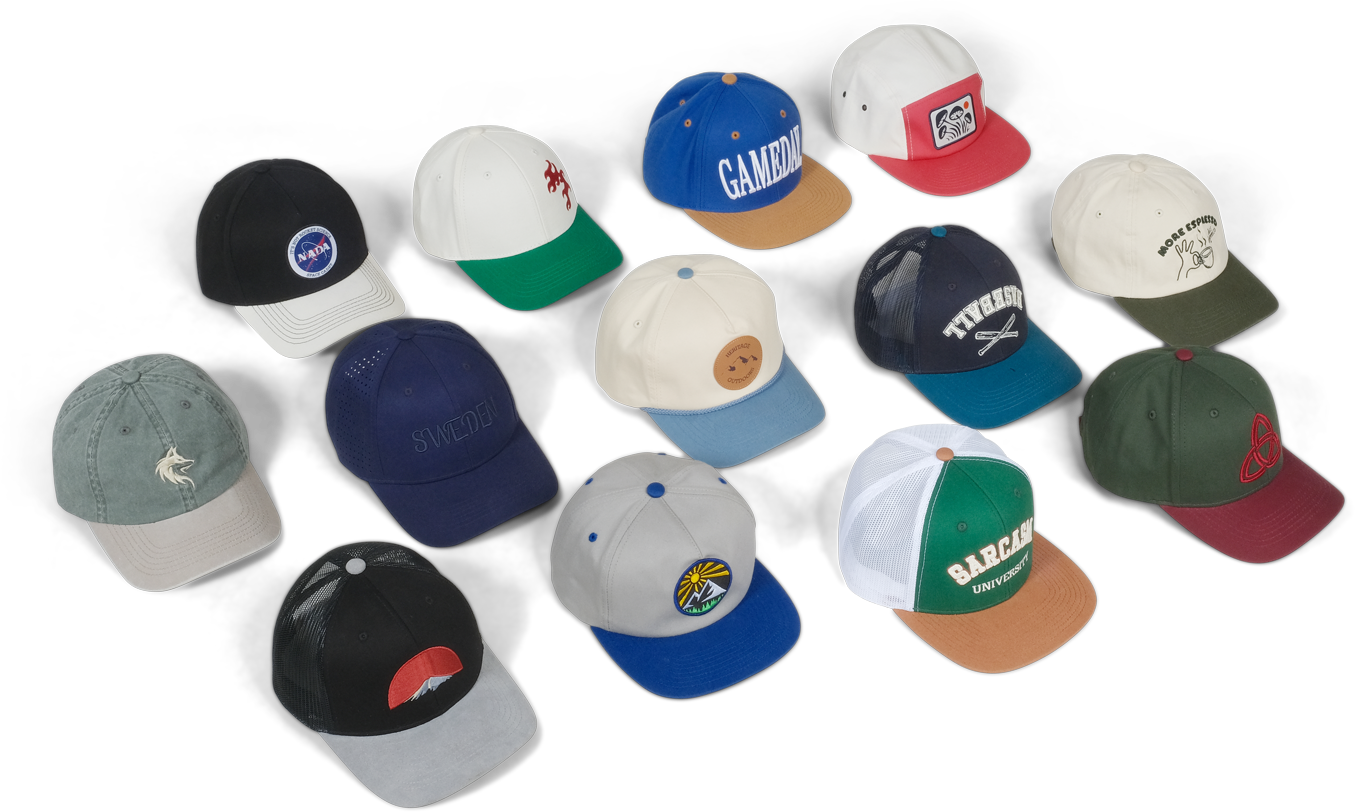 Collection of 14 colorful baseball caps arranged on a black background with various logos and designs.