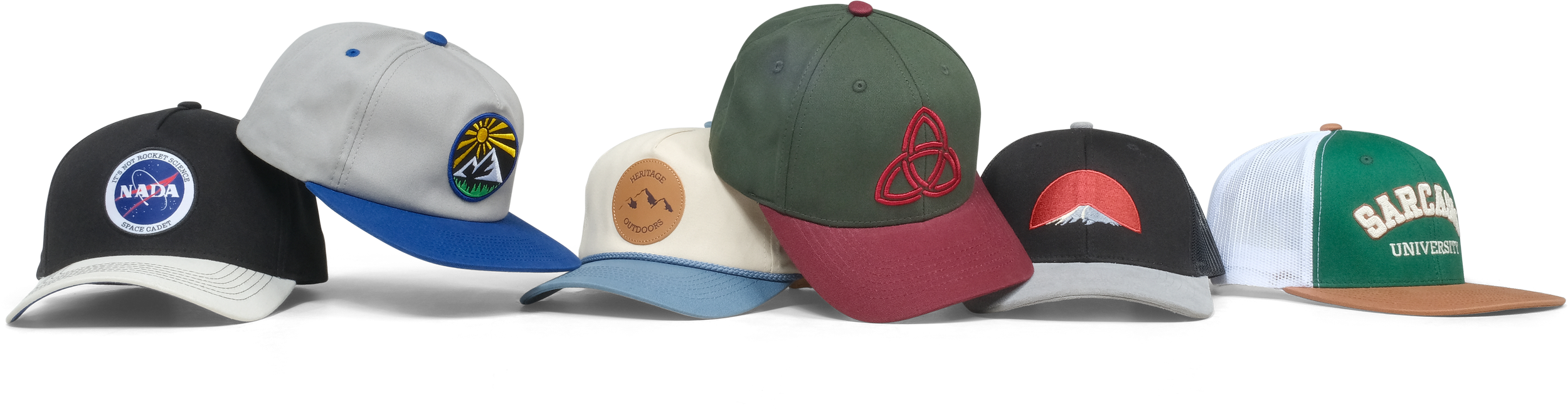 Seven baseball caps arranged in a row, featuring various logos and designs, including NASA, outdoor themes, sports teams, and universities.
