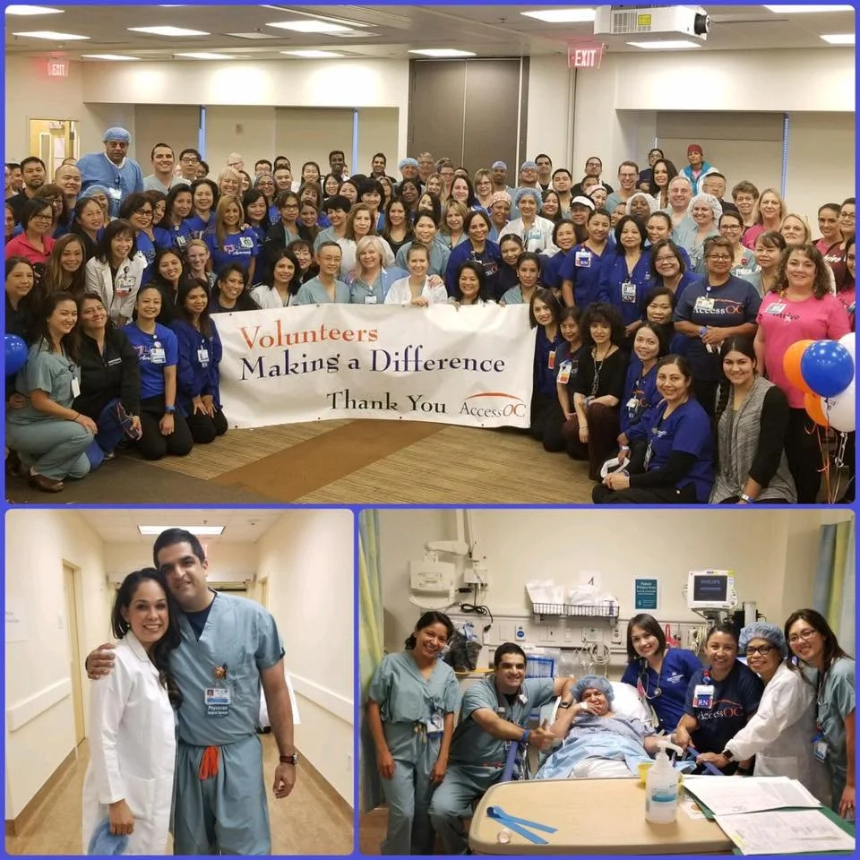 Large group of healthcare workers and volunteers holding a banner that reads 'Volunteers Making a Difference. Thank You AccessOC' in a hospital or medical facility. The bottom left photo shows two healthcare workers, one in a white coat and the other in scrubs, standing in a hallway. The bottom right photo depicts healthcare professionals gathered around a patient in a hospital bed, with some smiling and holding hands.