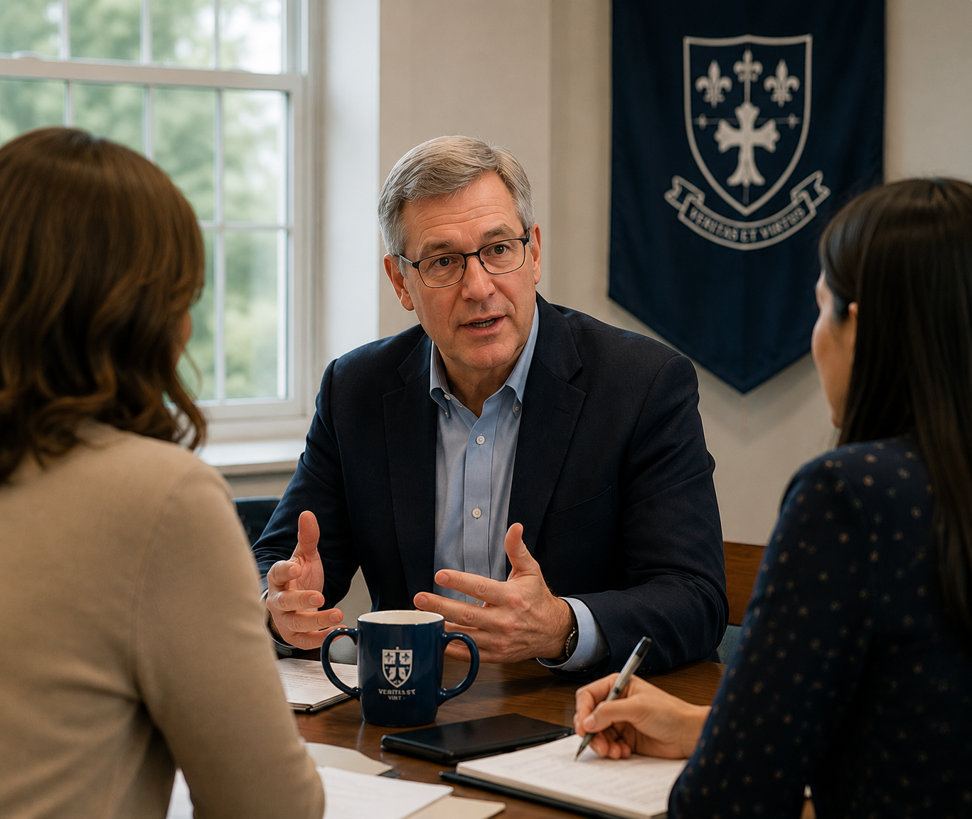Independent school leadership consultant discussing strategy with a school committee.