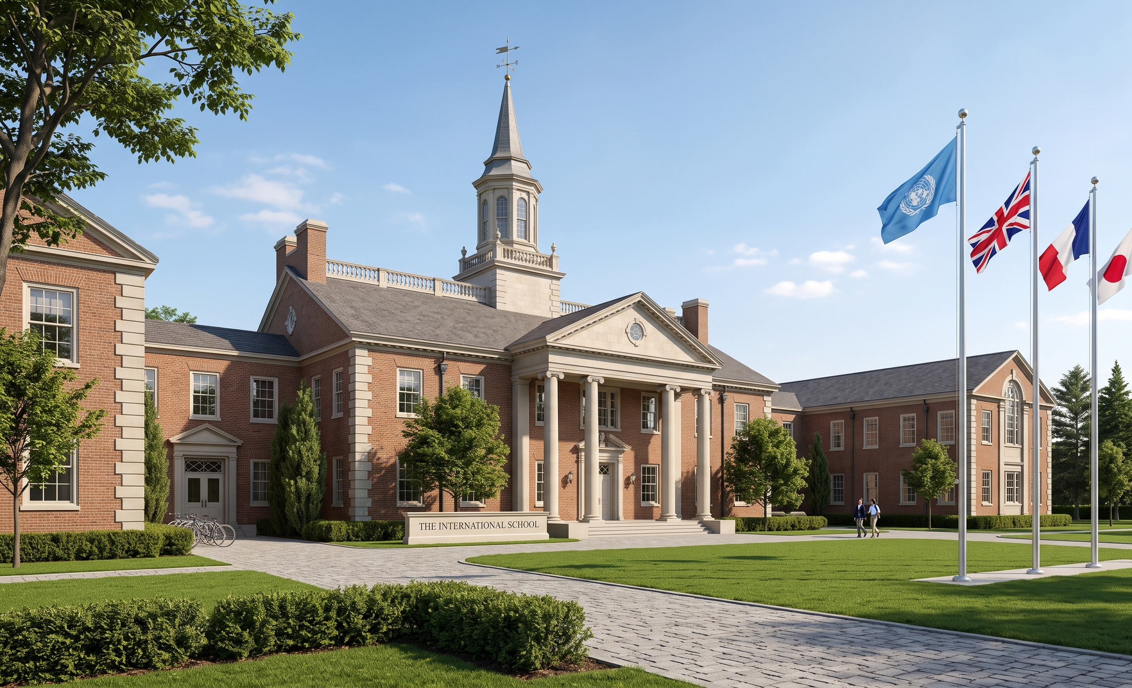 Exterior of a classic brick international school campus flying global flags, representing international school leadership placements.