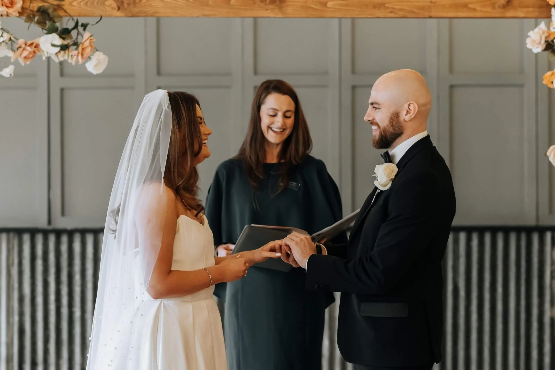 Michelle Park Celebrant stands with a bride and groom at Holmes Mill Clithero 