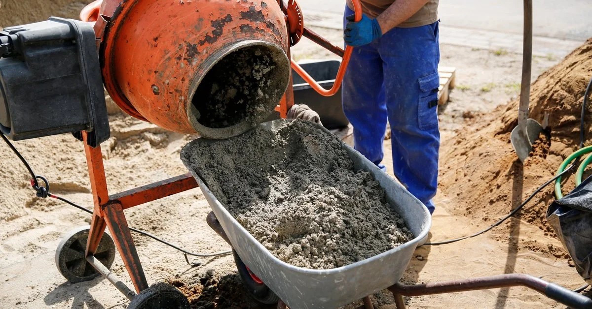 A man pours concrete from an orange concrete mixer into a metal wheelbarrow at a contruction site.