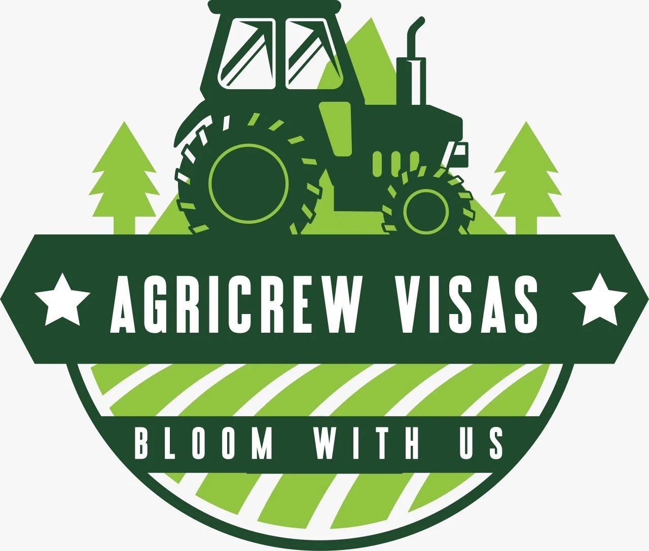 Logo featuring a silhouette of a green tractor with trees in the background, and text that reads 'Agricrew Visas' with a star on each side and the slogan 'Bloom With Us' below.