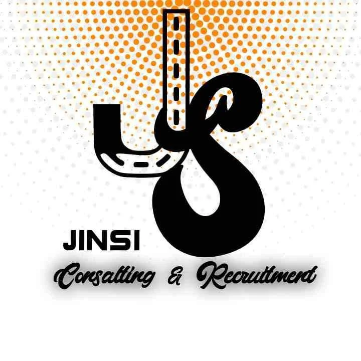 Logo for JINSI Consulting & Recruitment, featuring a stylized black and white design with a vertical dotted line and a curved element, on a background with orange dots.