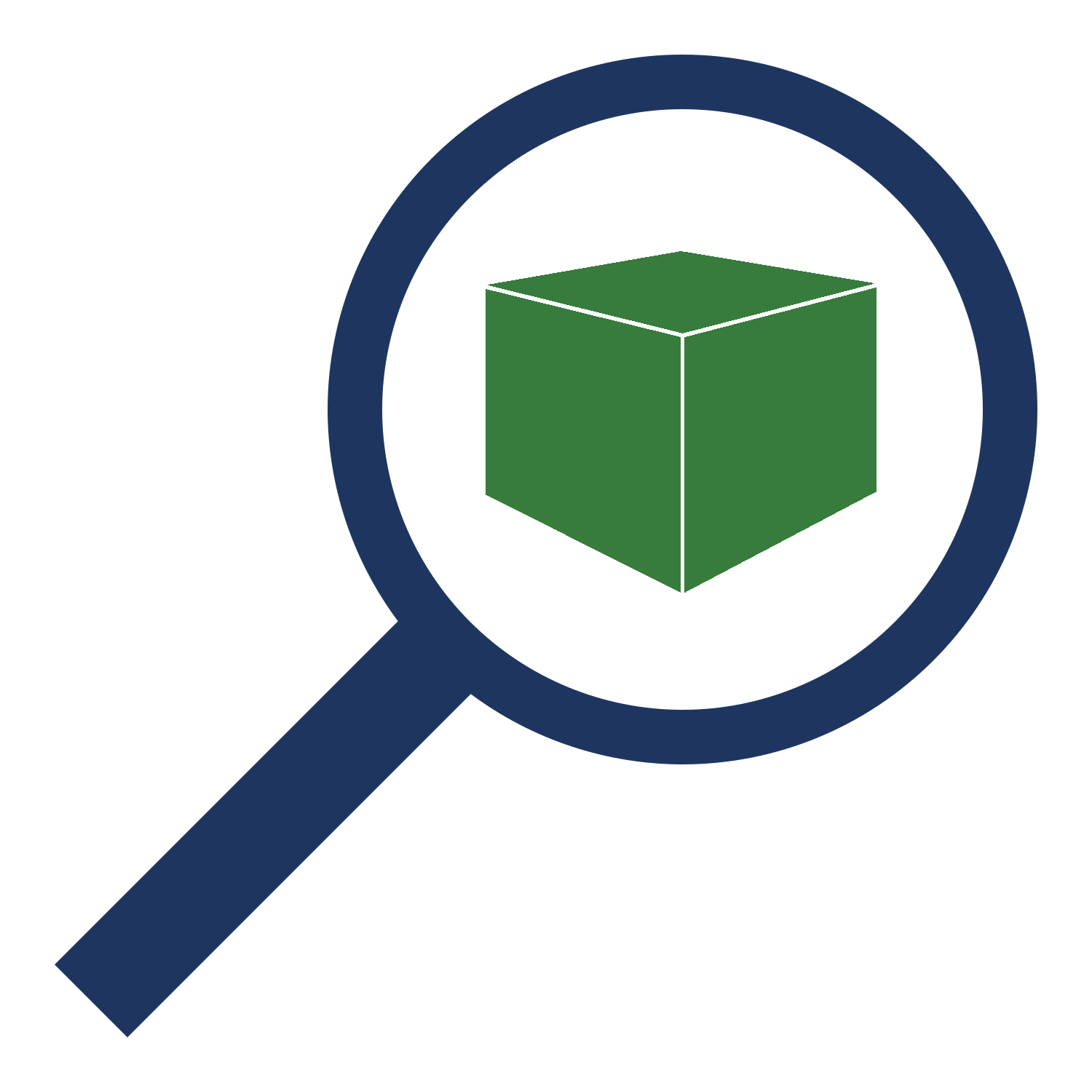 Magnifying glass focused on a green cube.