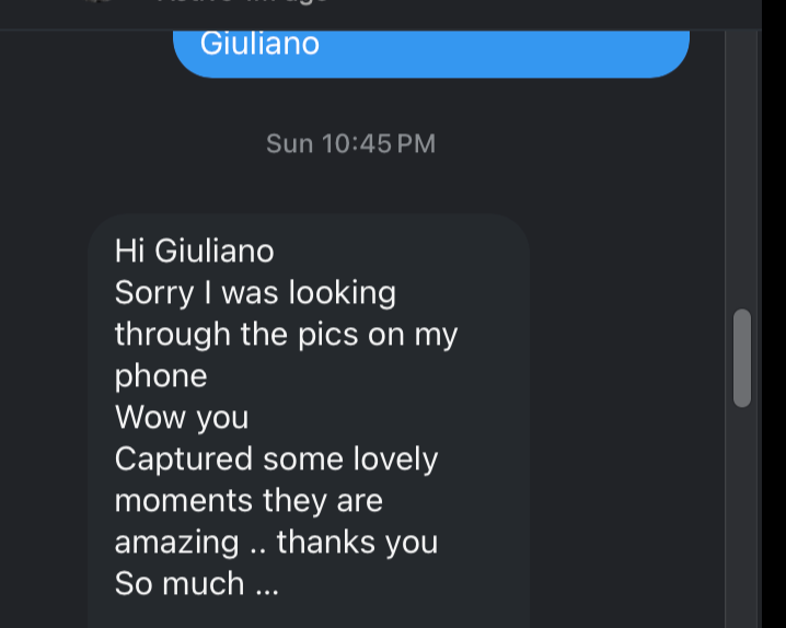 Screenshot of a messaging app showing a conversation with a message complimenting photos and expressing gratitude.