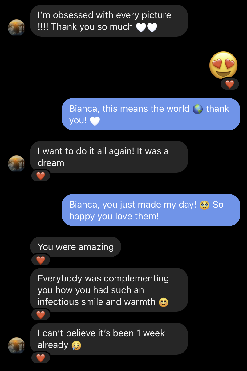A screenshot of a text message conversation about someone being obsessed with pictures and spreading positivity, with emojis expressing love and happiness.