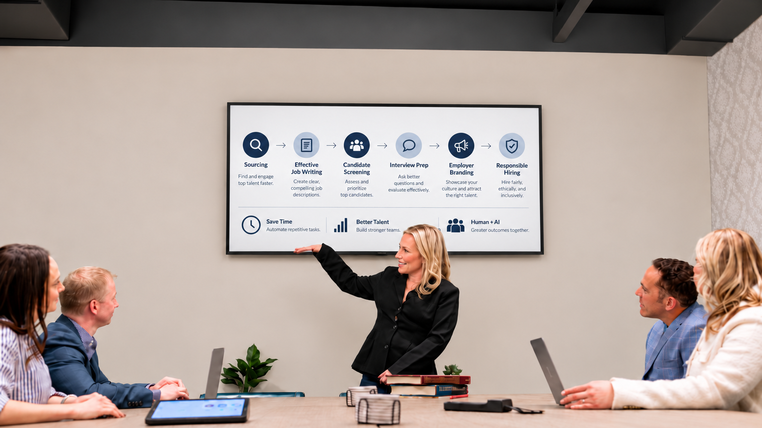 Instructor presenting an AI hiring process diagram to a small group in a meeting room