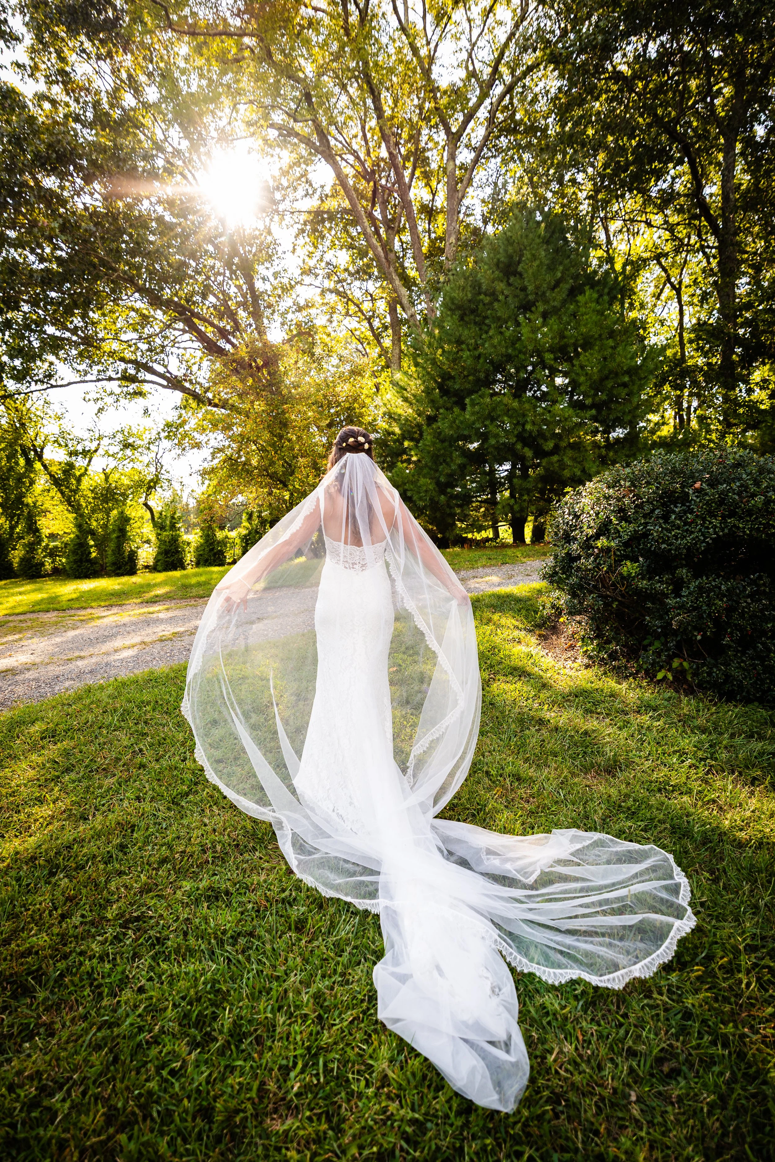 Bride in a white wedding gown and veil walking outdoors on grass with trees and bushes, sunlight shining through the trees.