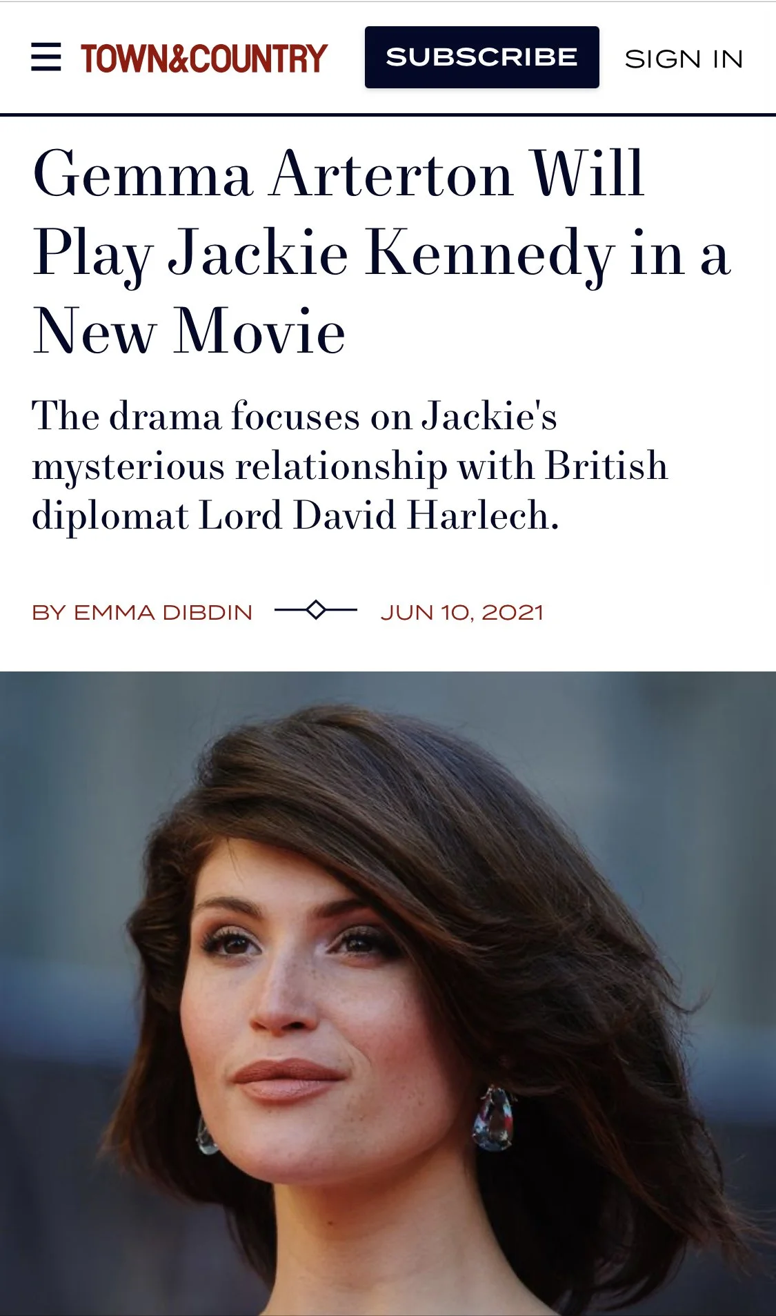 Town & Country Article Highlighting Gemma Arterton playing Jackie Kennedy