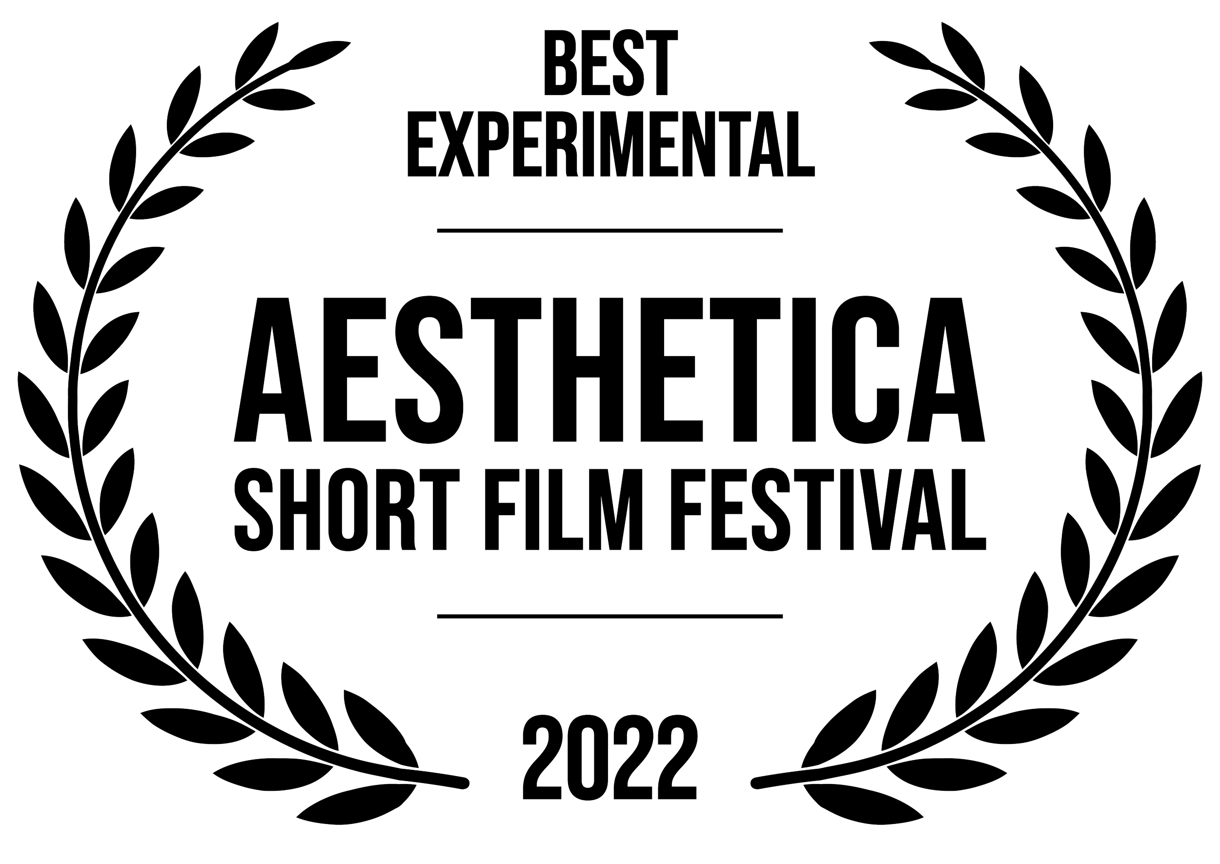 Black background with white outlined laurel wreath and text that reads 'Best Experimental Aesthetic Short Film Festival 2022'.