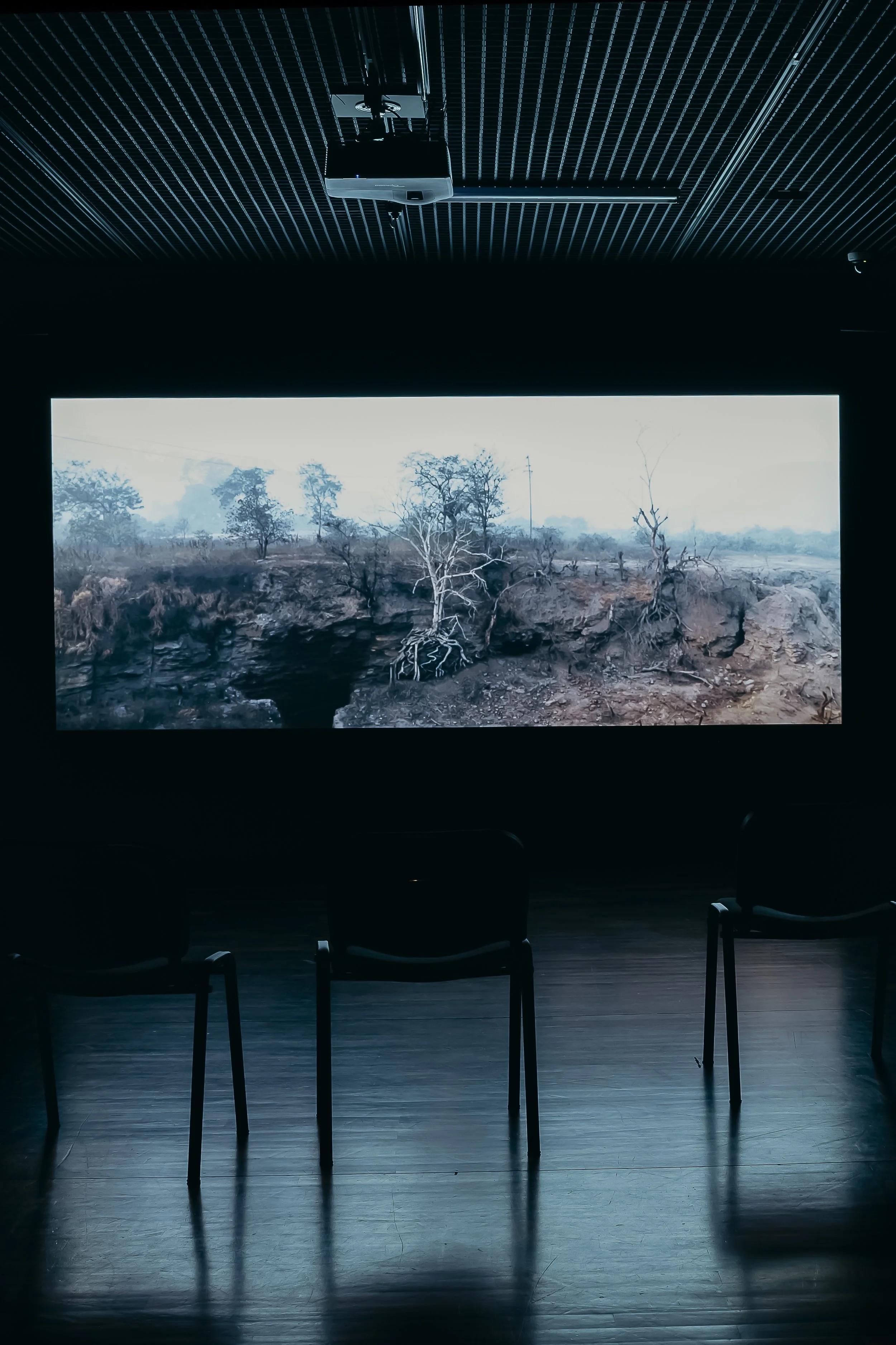 A dark room with a large screen displaying a landscape of trees and rocky terrain, three empty chairs in front, and a projector mounted on the ceiling.
