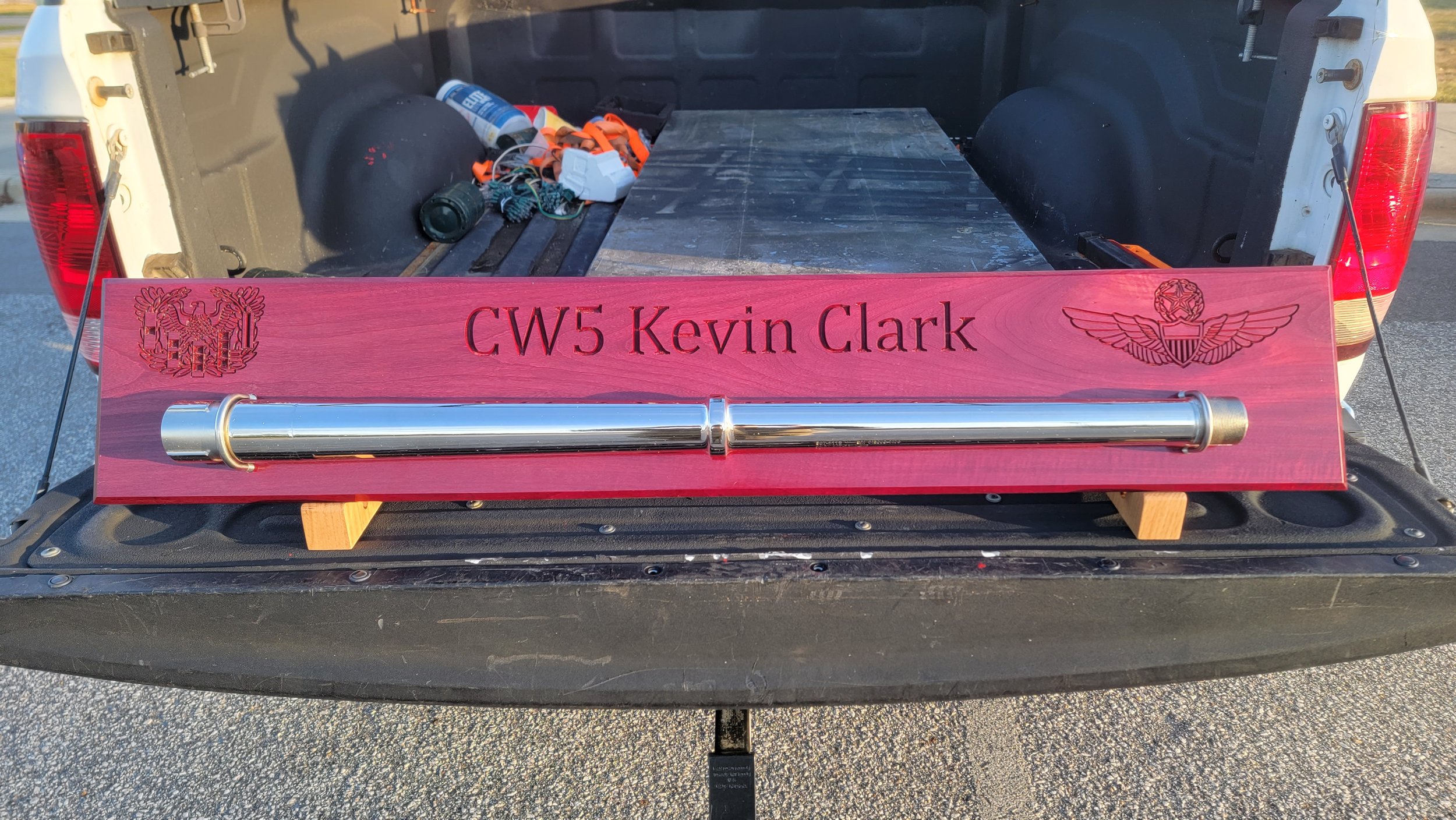 Chromed Apache Barrel (customer provided) mounted on Purpleheart with Oak display feet. 8x50