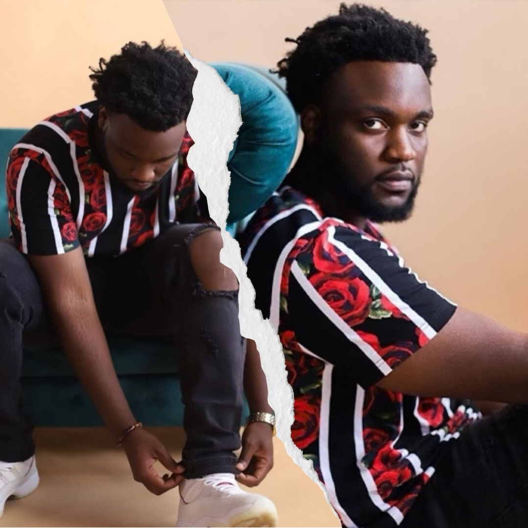 Collage of a man tying shoelaces and posing, wearing a black and red striped floral shirt, sitting on a blue chair.