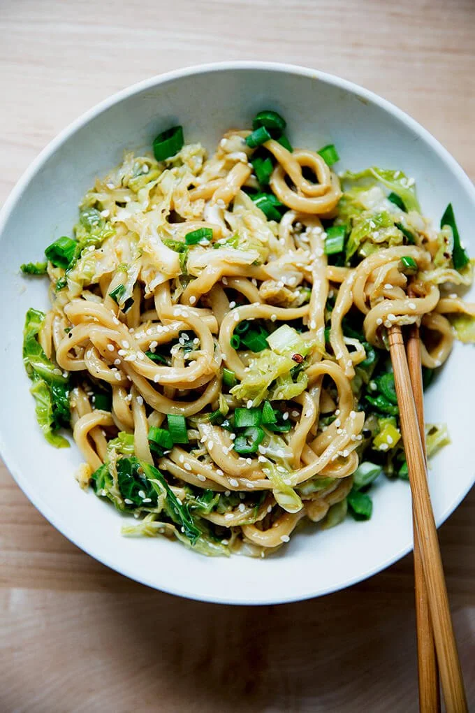 Tahini miso noodles with sautéed cabbage
