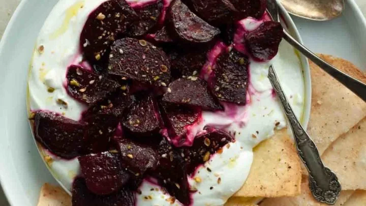 Sweet and sour beets with cream cheese and fried pretzels