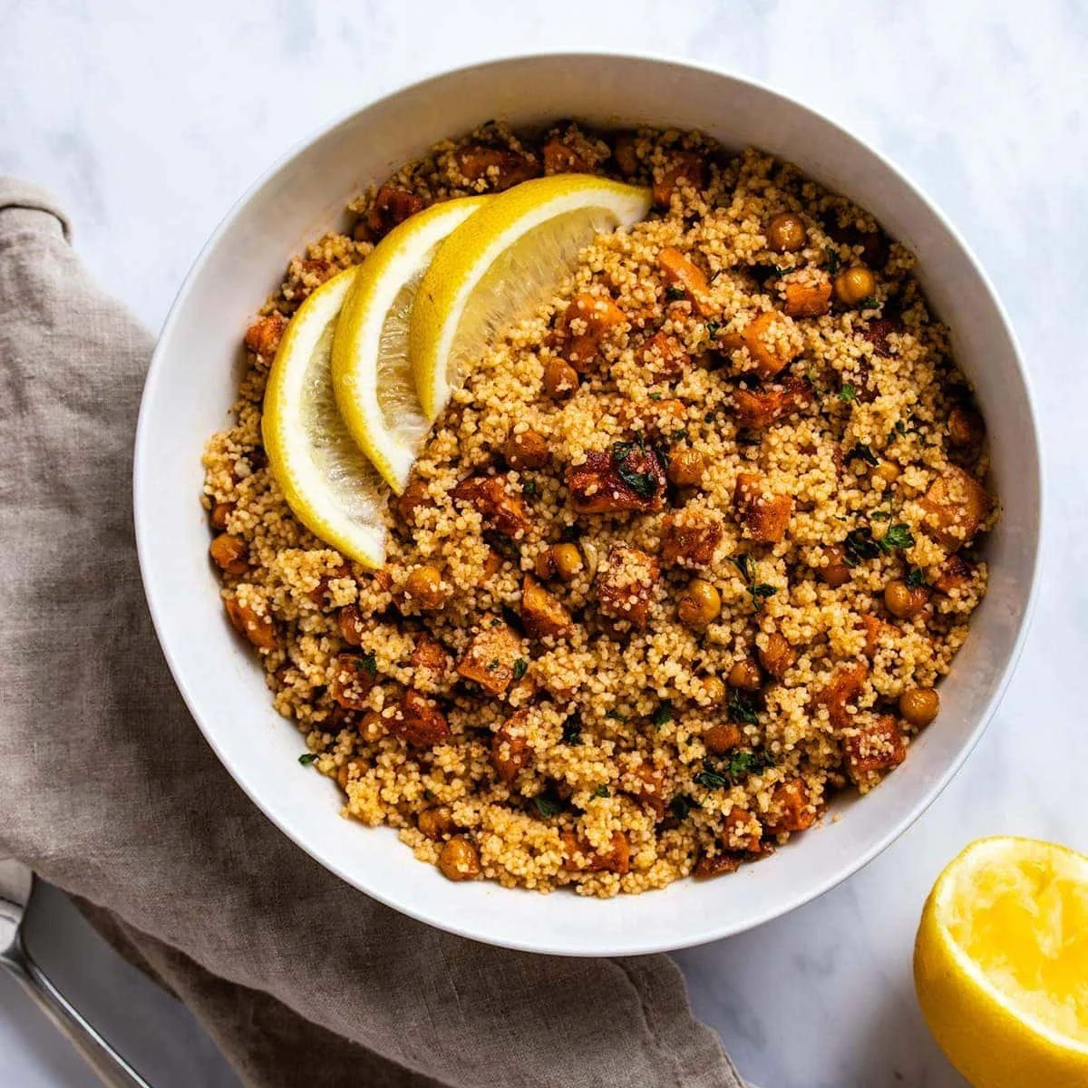 Couscous with spicy roasted sweet potatoes and chickpeas