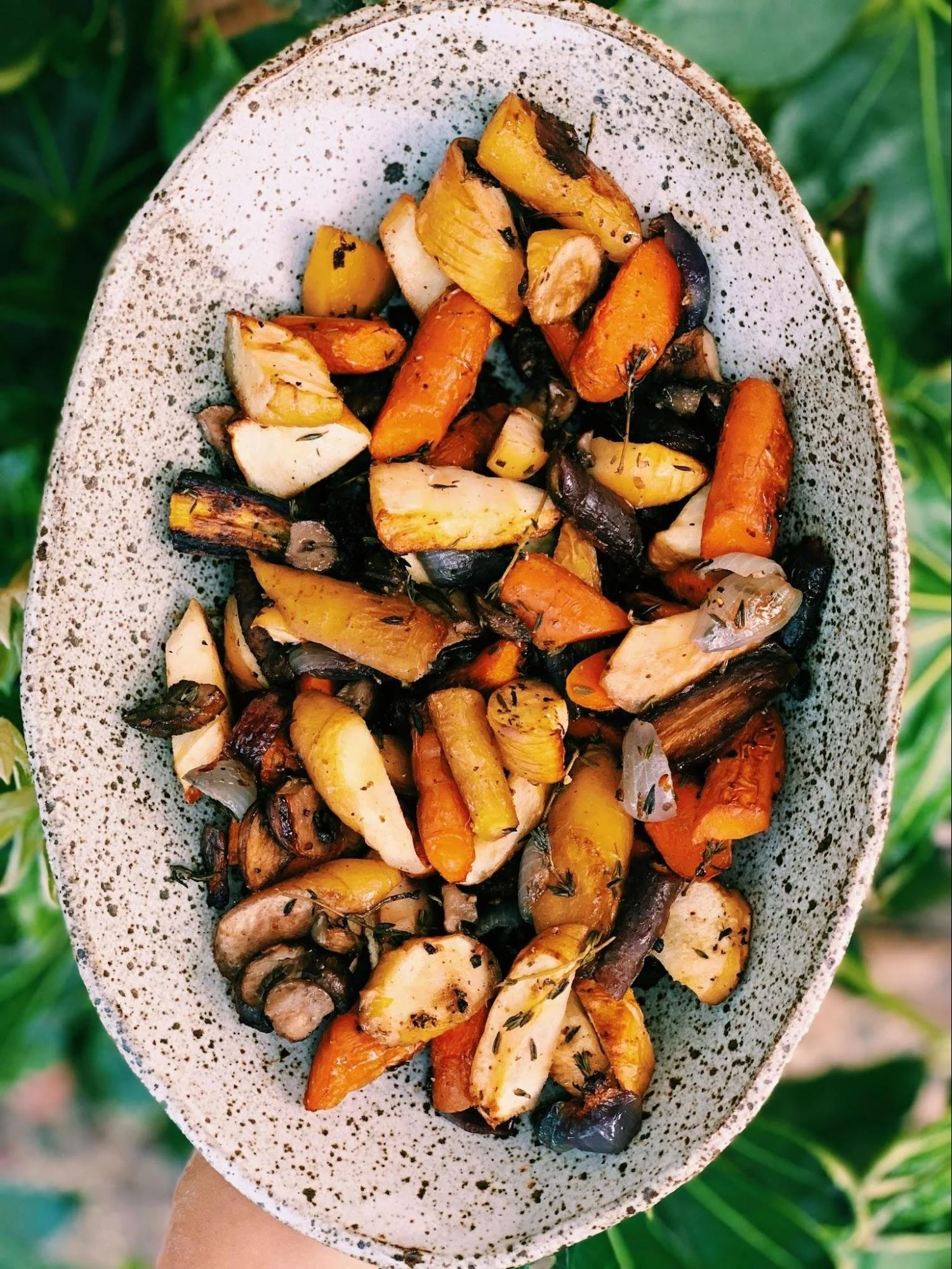 Roasted root vegetables with shiitake mushrooms, garlic and sage