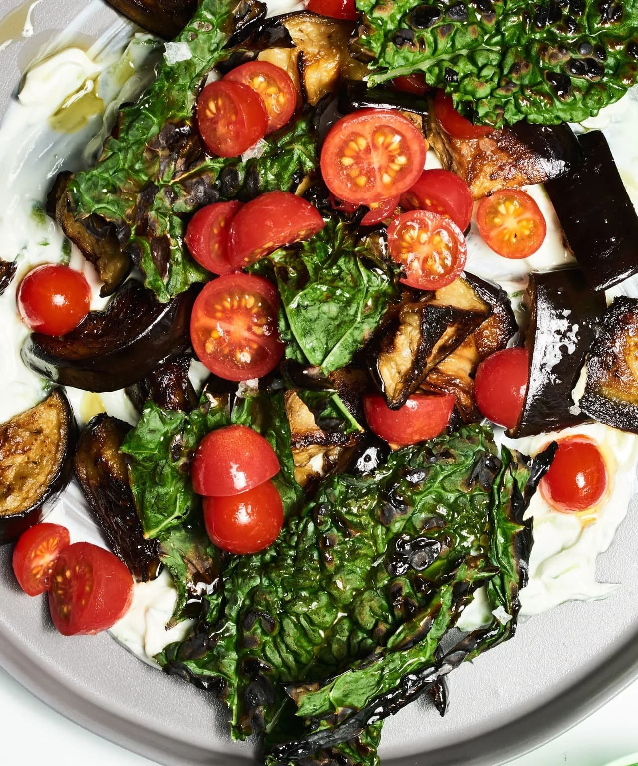 Roasted Eggplant and Crispy Kale with Yogurt
