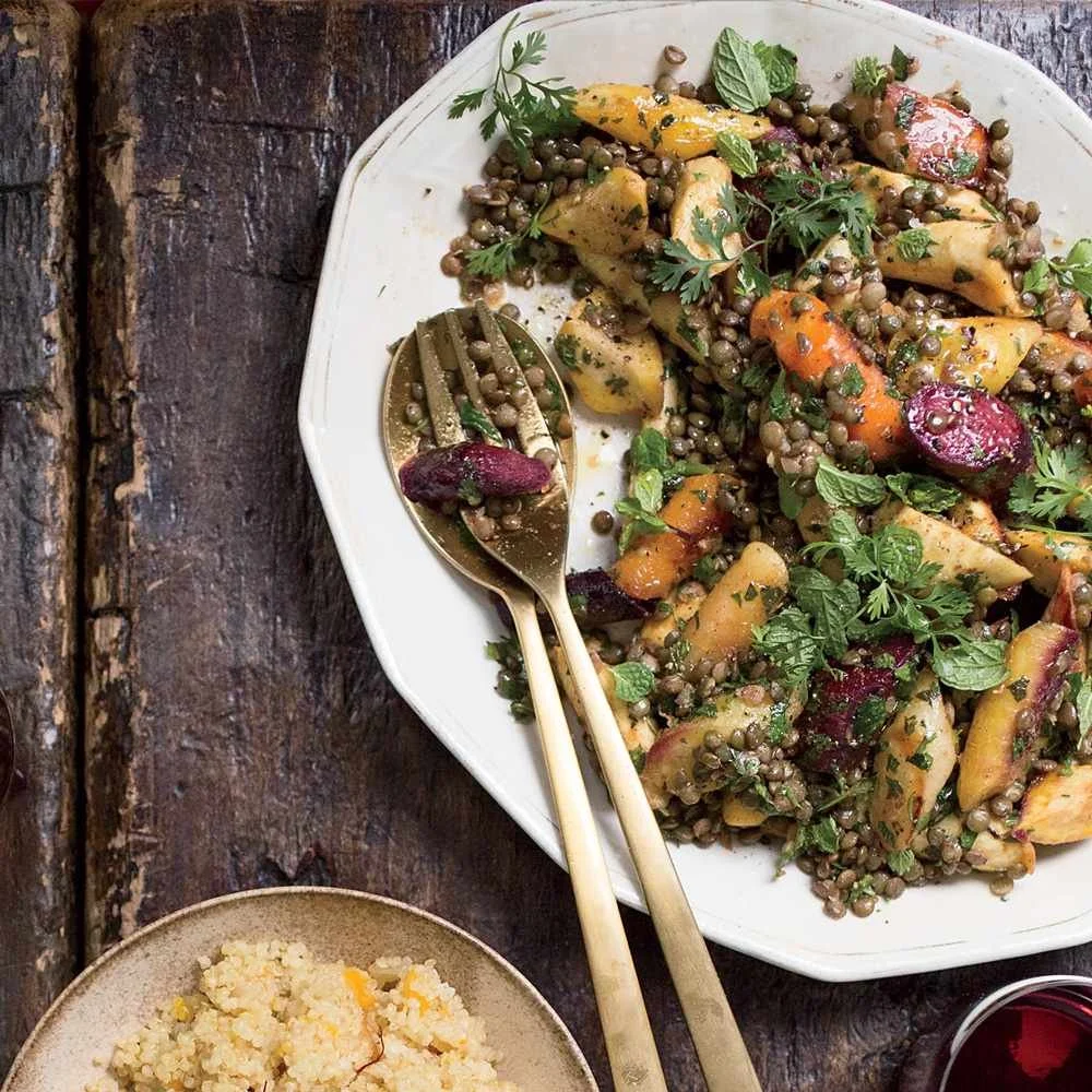 Warm Lentil Salad with Spinach, Goat Cheese, and Roasted Roots