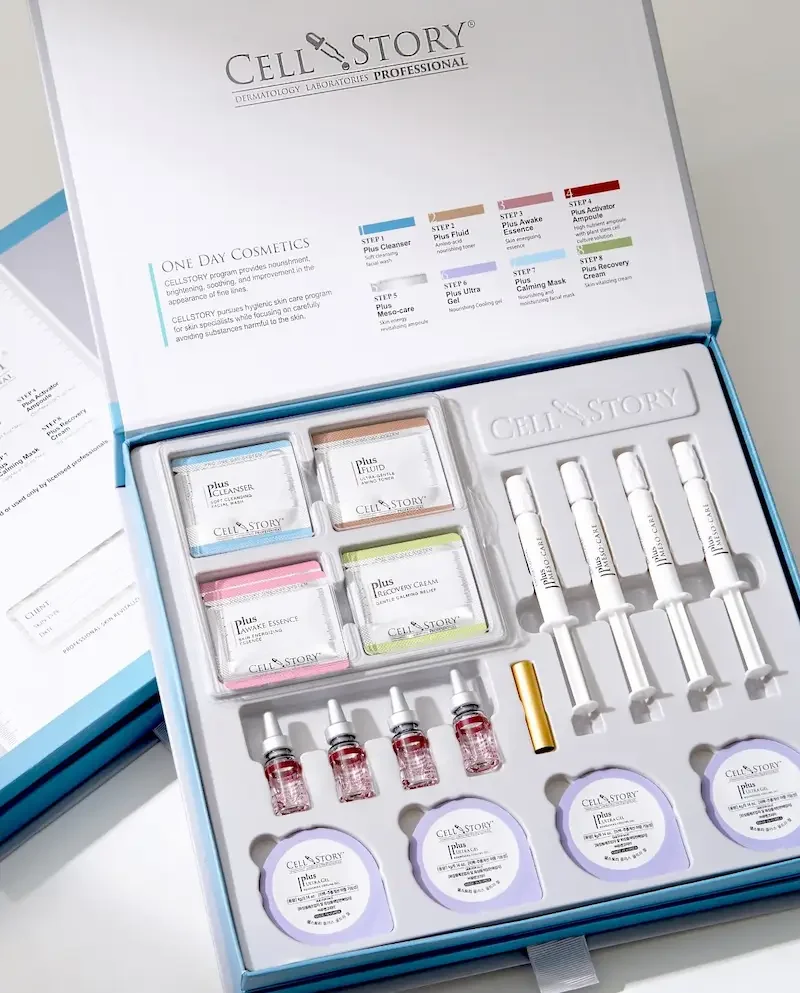 Cell Story professional skincare kit containing Plus Cleanser, Fluid, Essence, and other treatment ampoules and syringes.