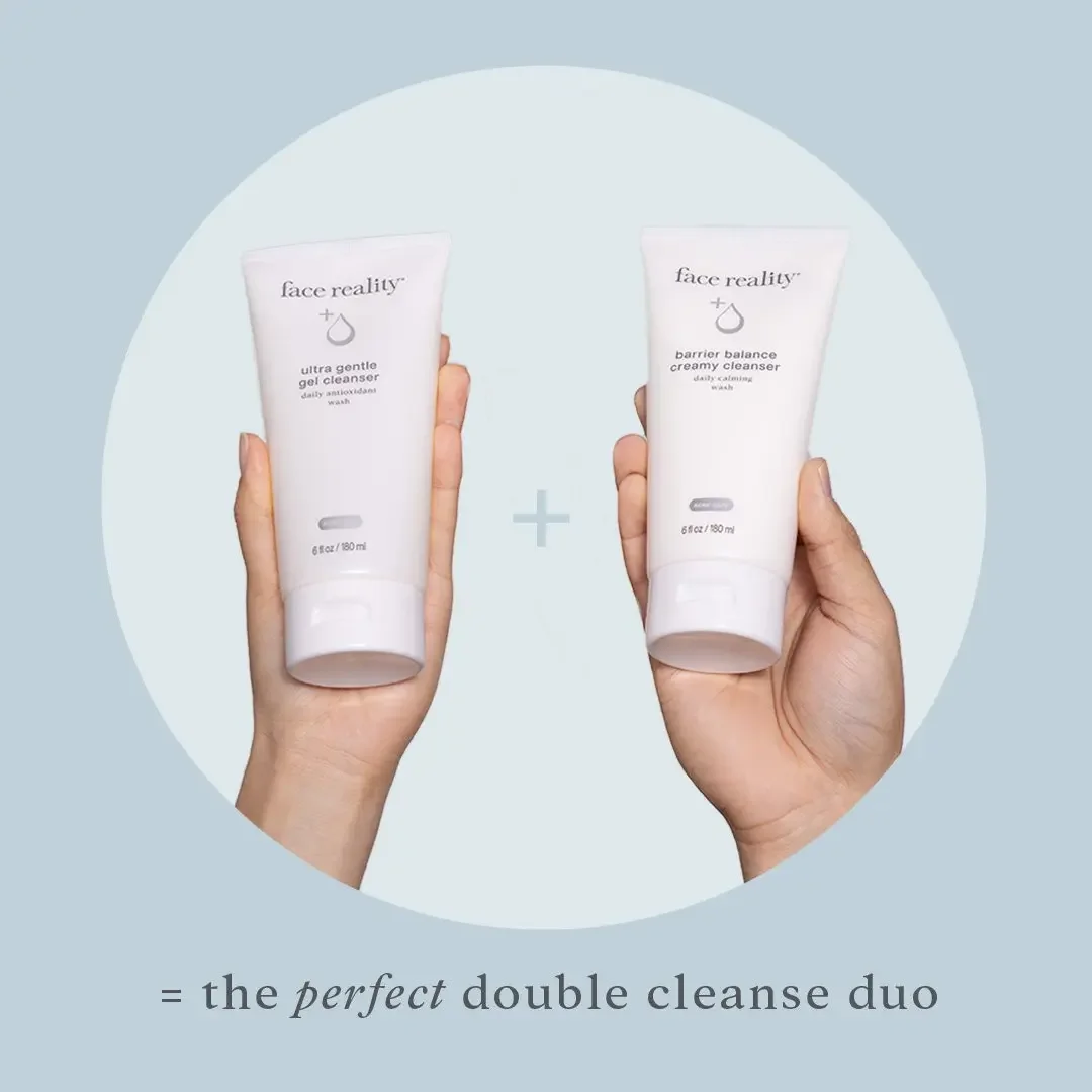 Hands holding Face Reality Ultra Gentle Gel Cleanser and Barrier Balance Creamy Cleanser, the perfect double cleanse duo.