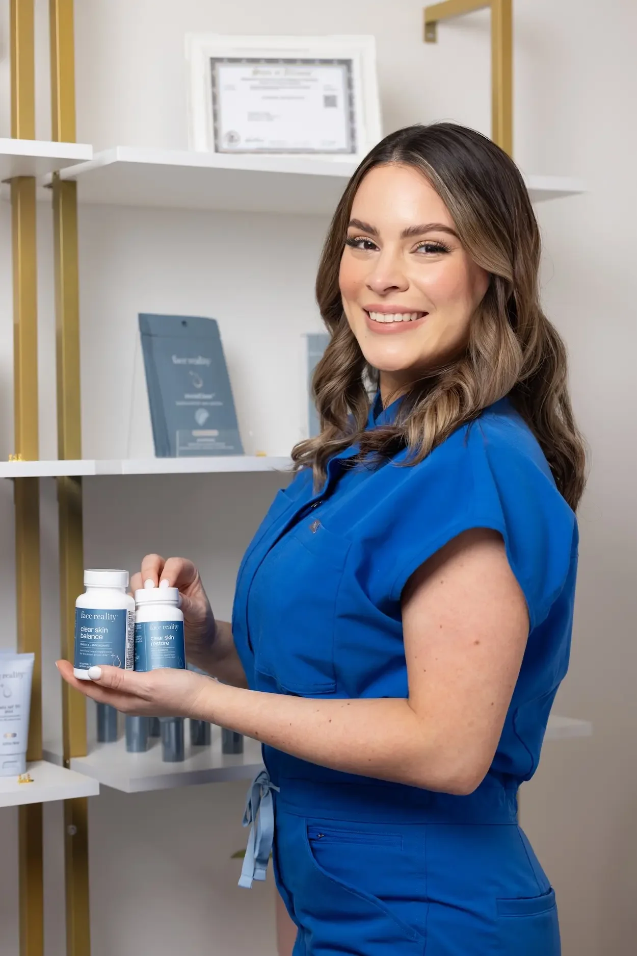 Esthetician recommending Face Reality Clear Skin Balance and Clear Skin Restore supplements.