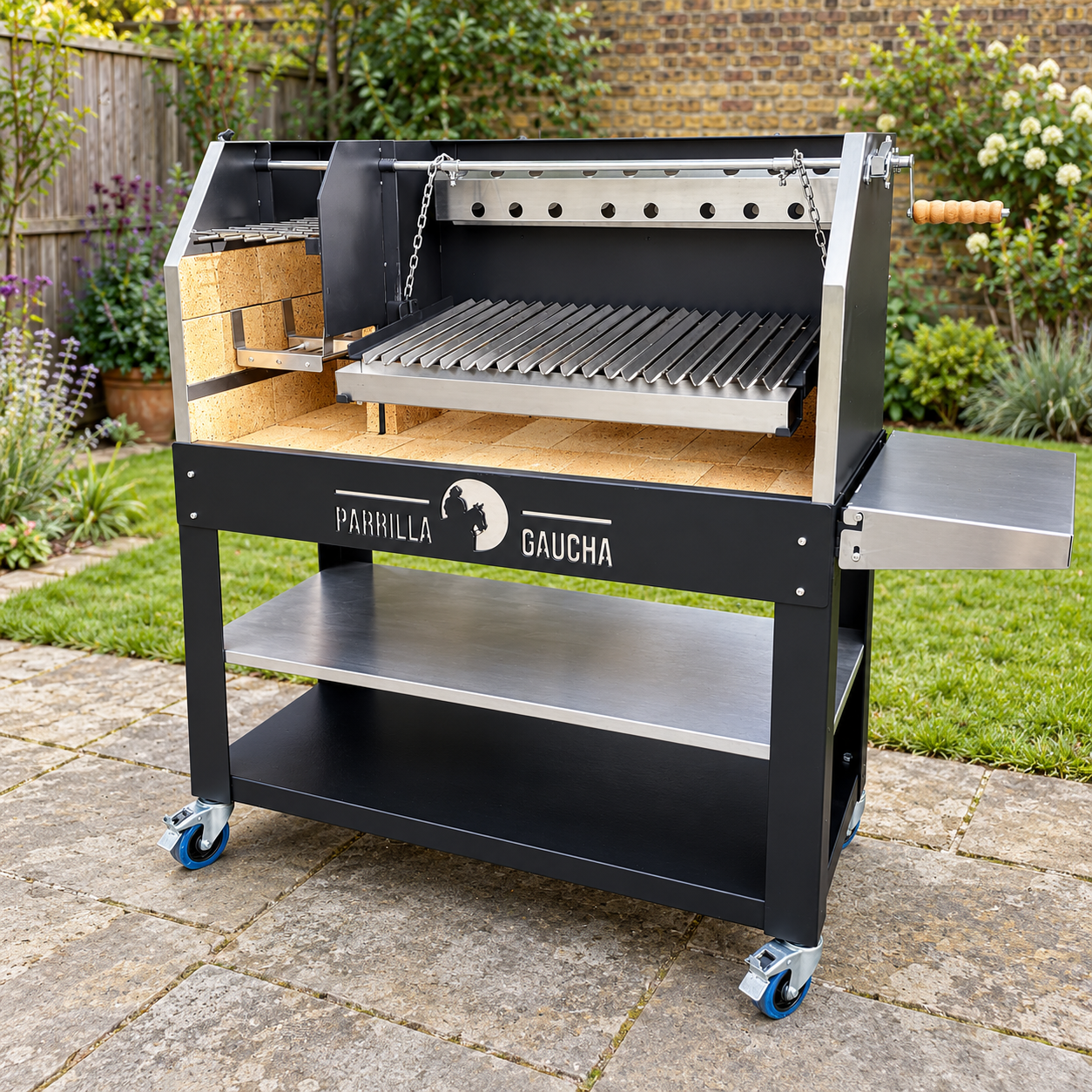 A stainless steel outdoor grill with wood handles, three skewers.