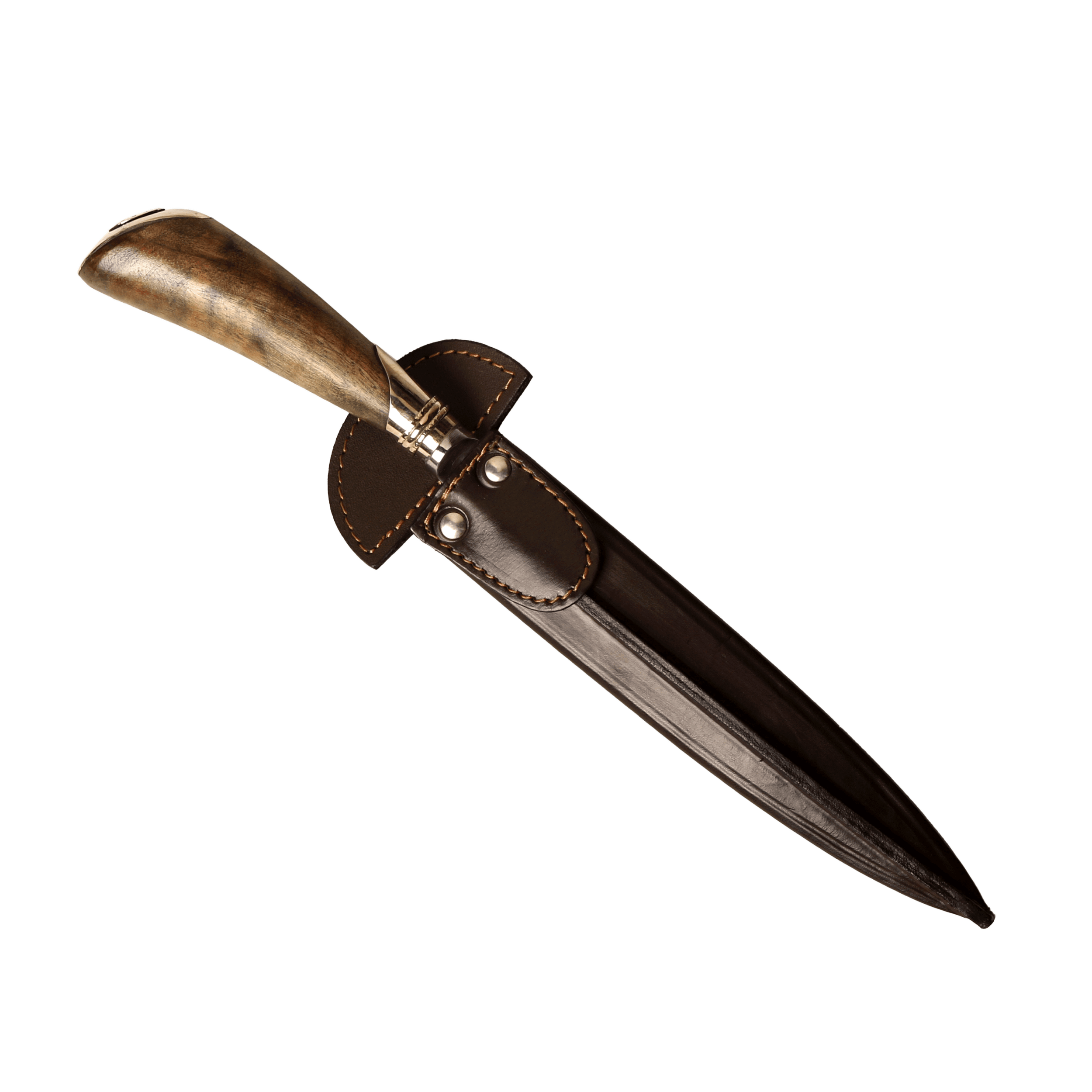 Handmade Argentine Gaucho knife with laurel wood handle, nickel silver fittings and leather sheath
