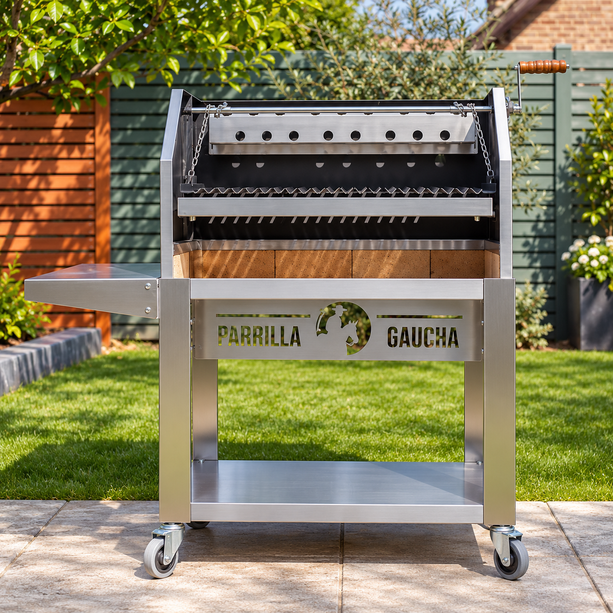 A stainless steel outdoor grill with wood handles, three skewers.