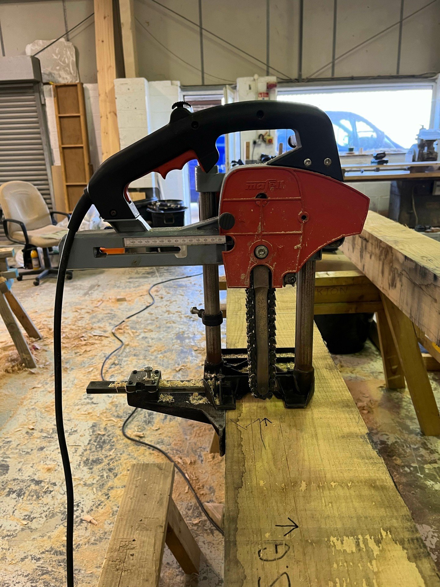 This is (Phoenix) a mafell chain mortiser it&rsquo;s one of the many tools that a professional timber framer really needs. There are others but the mafell is a fantastic bit of kit and they are pretty expensive to buy. 

This one wasn&rsquo;t expensi