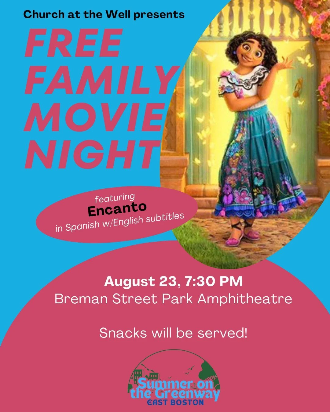 ✨ Free Family Movie Night! ✨
Join us on Saturday, August 23 at 7:30 PM at the Breman Street Park Amphitheatre for a special outdoor screening of Encanto (in Spanish with English subtitles)! 🎬🌙

🍿 Snacks will be served
🎉 Free + family-friendly
🧺 