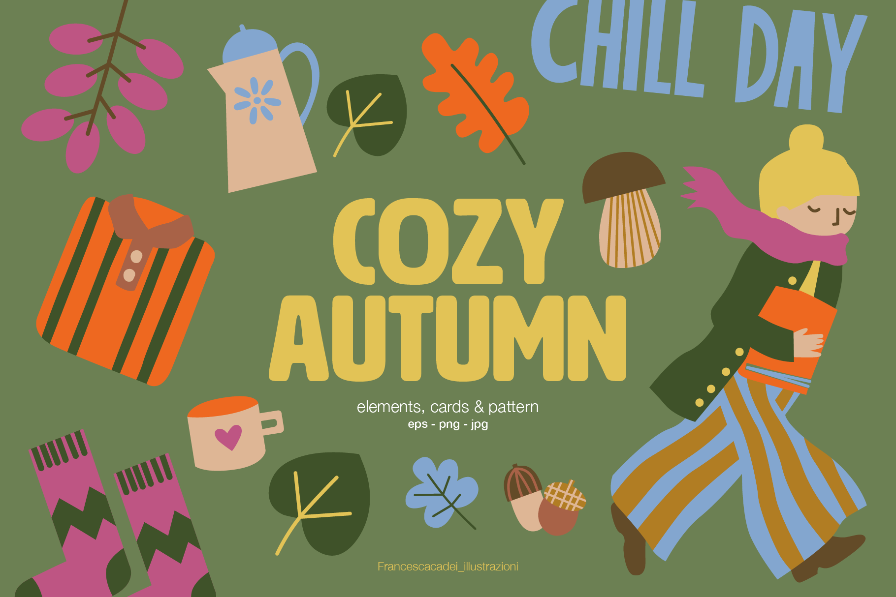 Hello Autumn — Set di illustrazioni autunnali disegnate a mano, ideale per inviti, grafiche social, journaling e progetti creativi a tema autunno.
La collezione include oltre 50 elementi vettoriali autunnali e 6 card pronte da usare in formato PNG, J