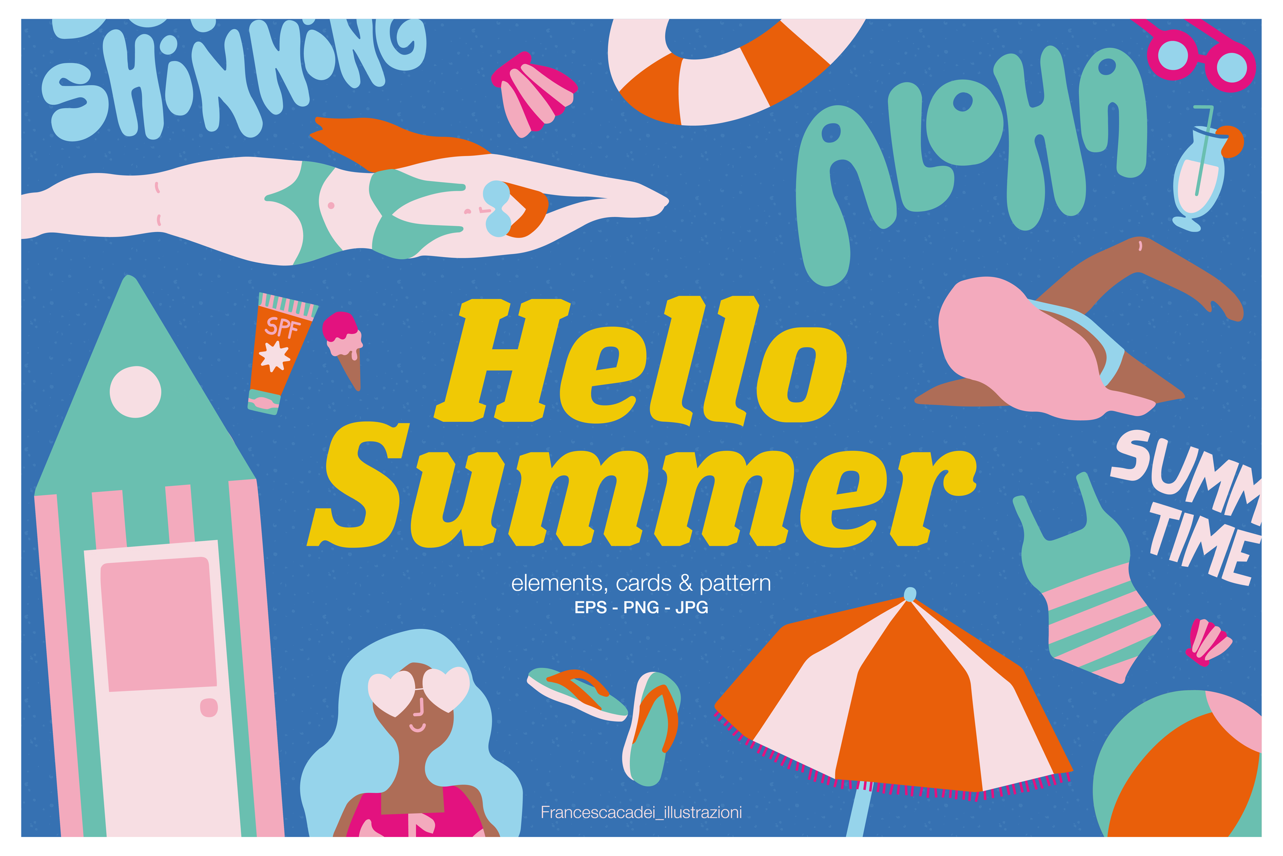 Hello Summer — Illustrazioni estive divertenti e colorate disegnate a mano. Disegni vettoriali e pattern seamless perfetti per inviti, social media e progetti creativi.