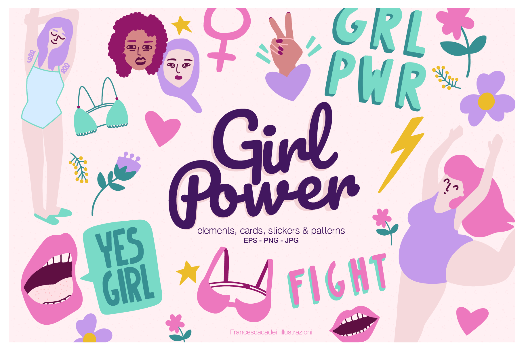 Girl Power - Illustrazioni femminili disegnate a mano e clipart sul tema empowerment. Perfette per poster, social media, planner, sticker e progetti creativi femministi.