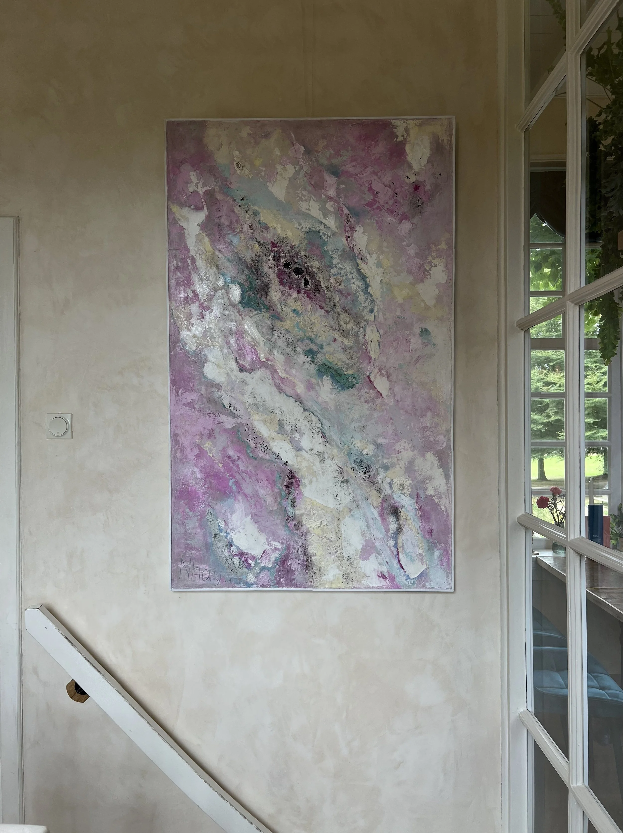 DRAGON'S LOVE, 85X140 cm, Lime plaster on wood, pigments, minerals, crystals