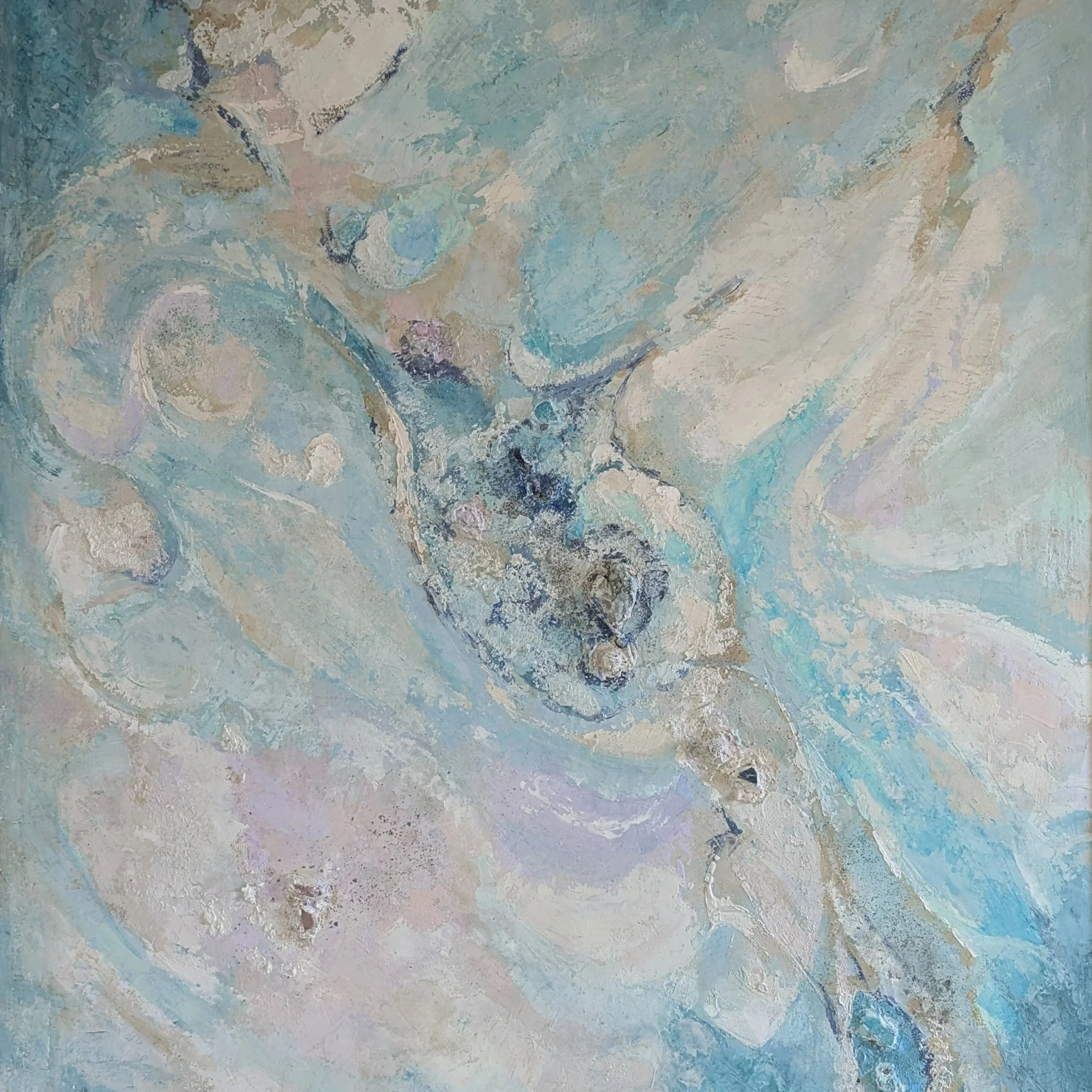 JOY OF THE SEA, 100X120 cm, Lime plaster on wood, pigments, minerals, crystals