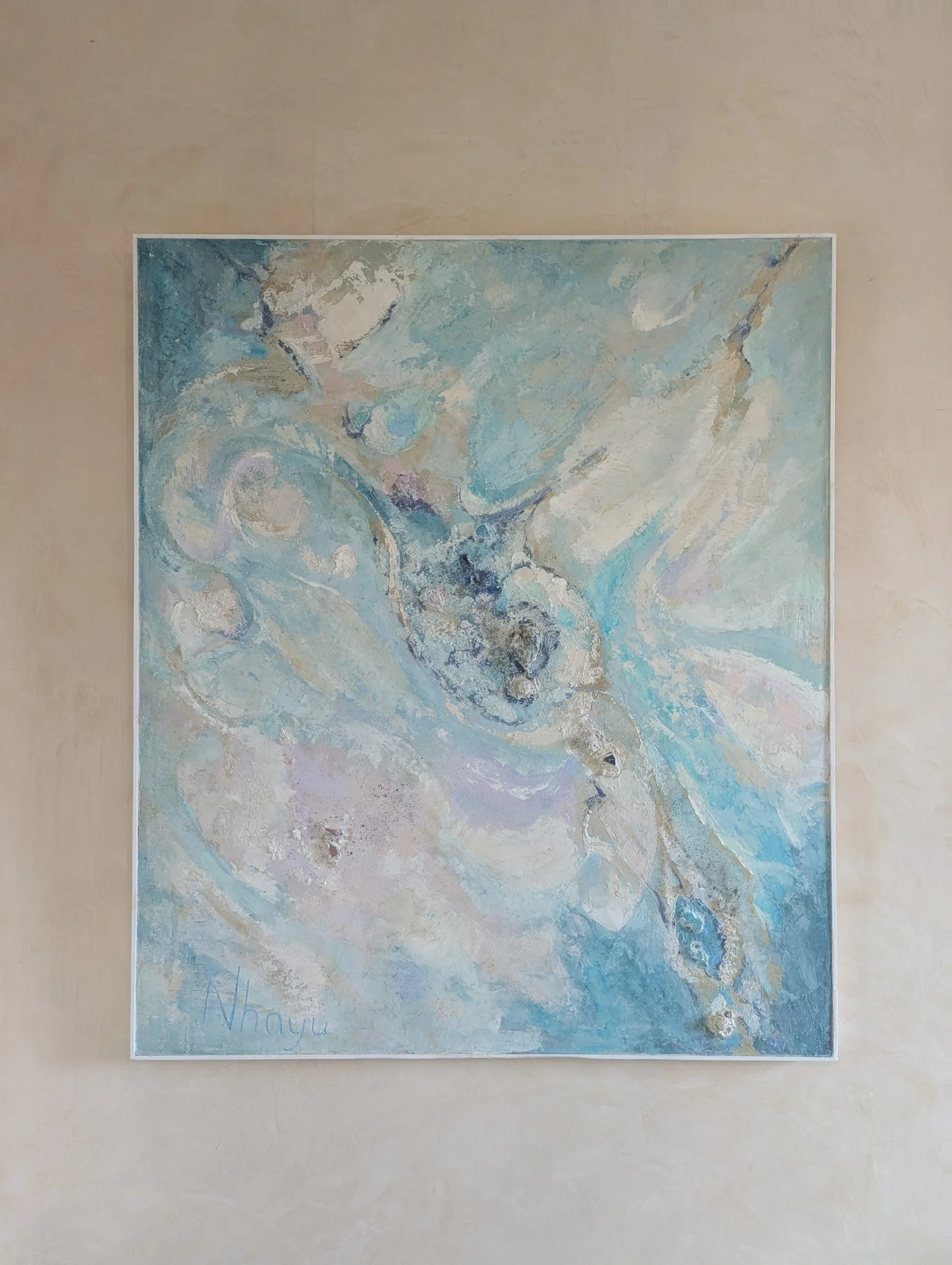 JOY OF THE SEA, 100X120 cm, Lime plaster on wood, pigments, minerals, crystals
