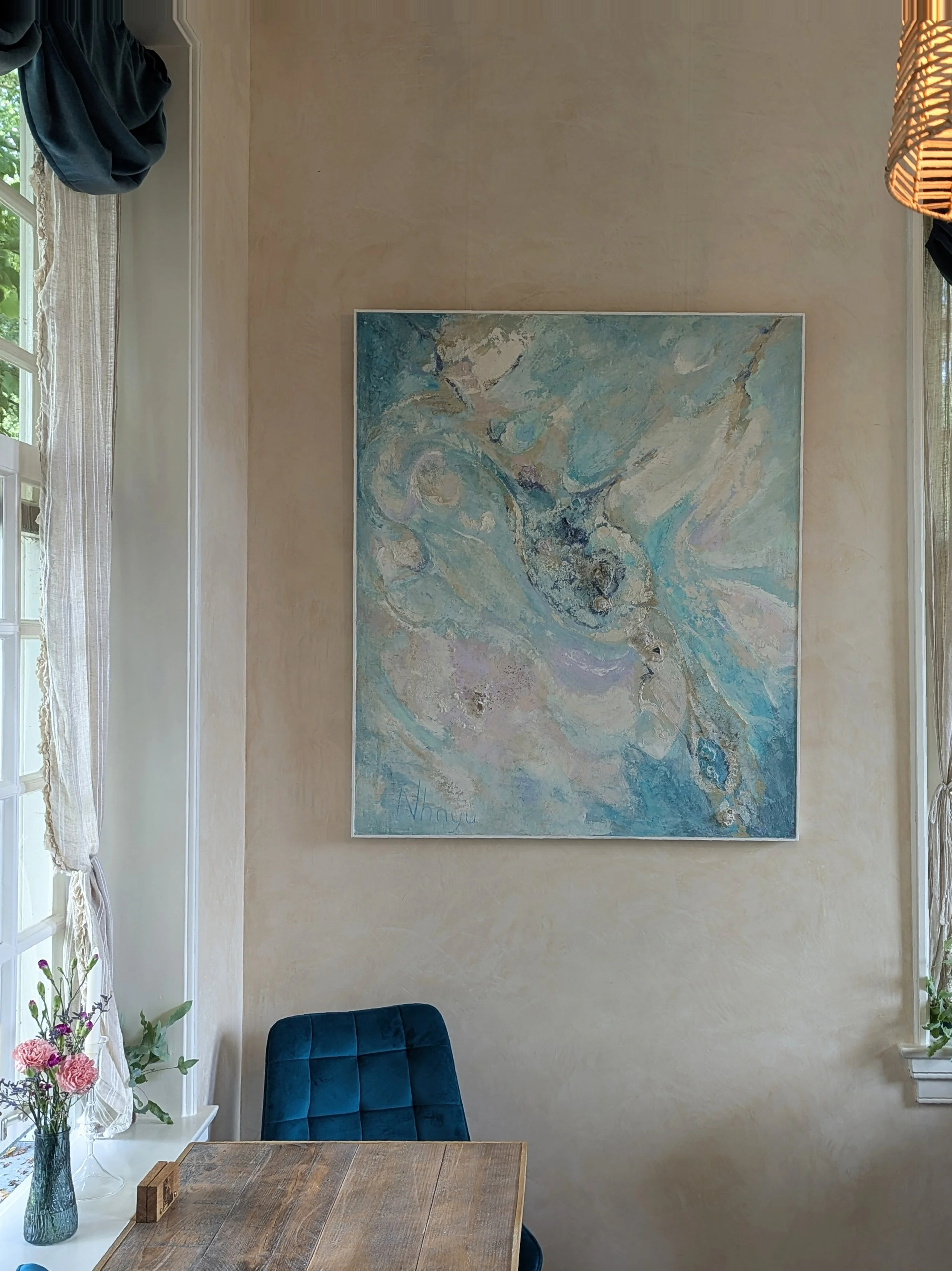 JOY OF THE SEA, 100X120 cm, Lime plaster on wood, pigments, minerals, crystals