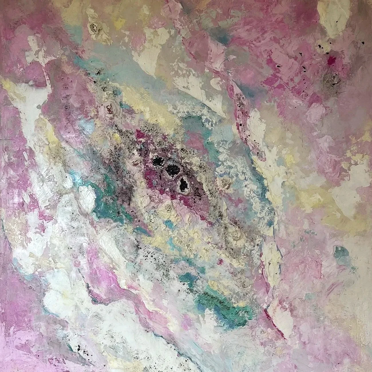 DRAGON'S LOVE, 85X140 cm, Lime plaster on wood, pigments, minerals, crystals
